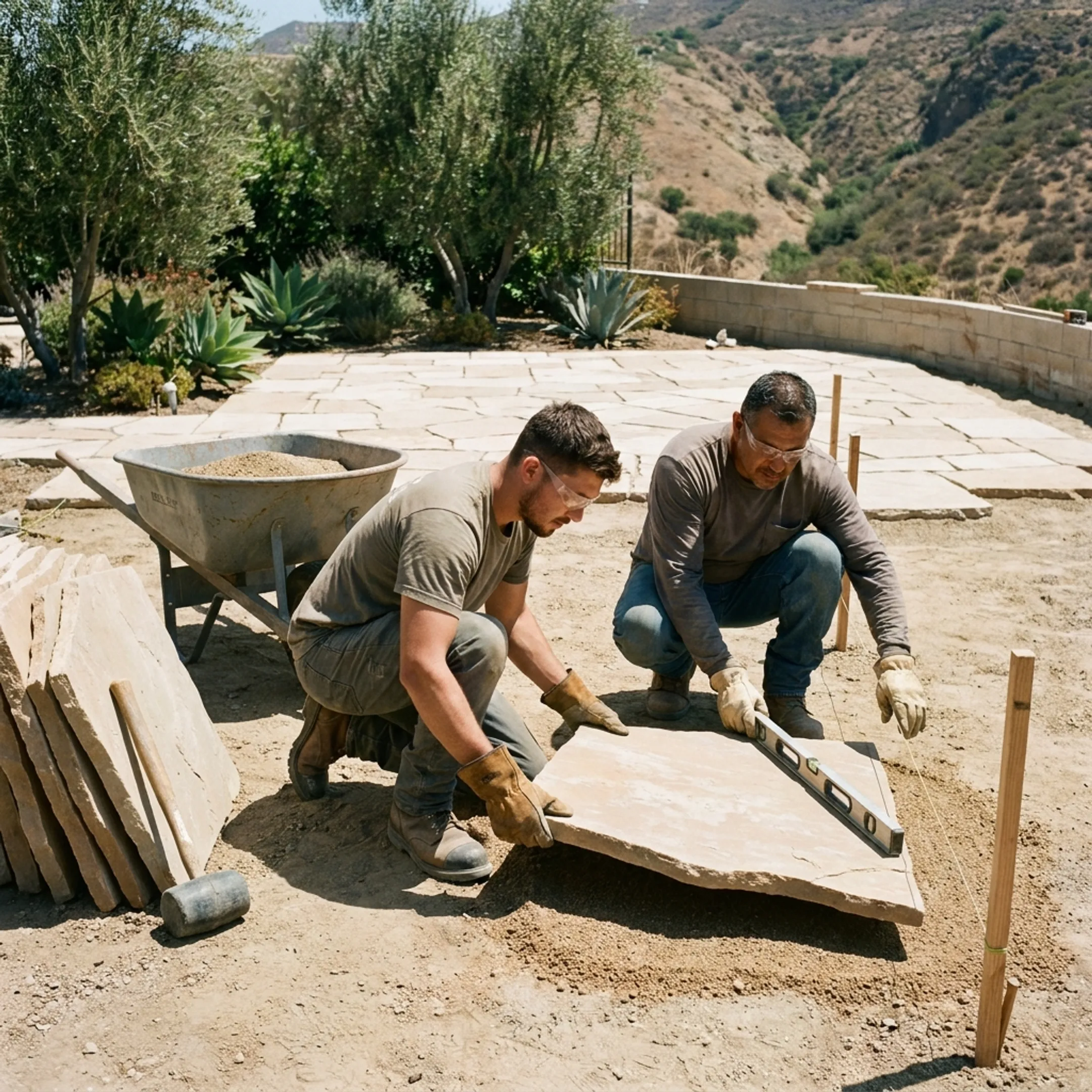 Crafted paver patio and retaining wall in a residential backyard