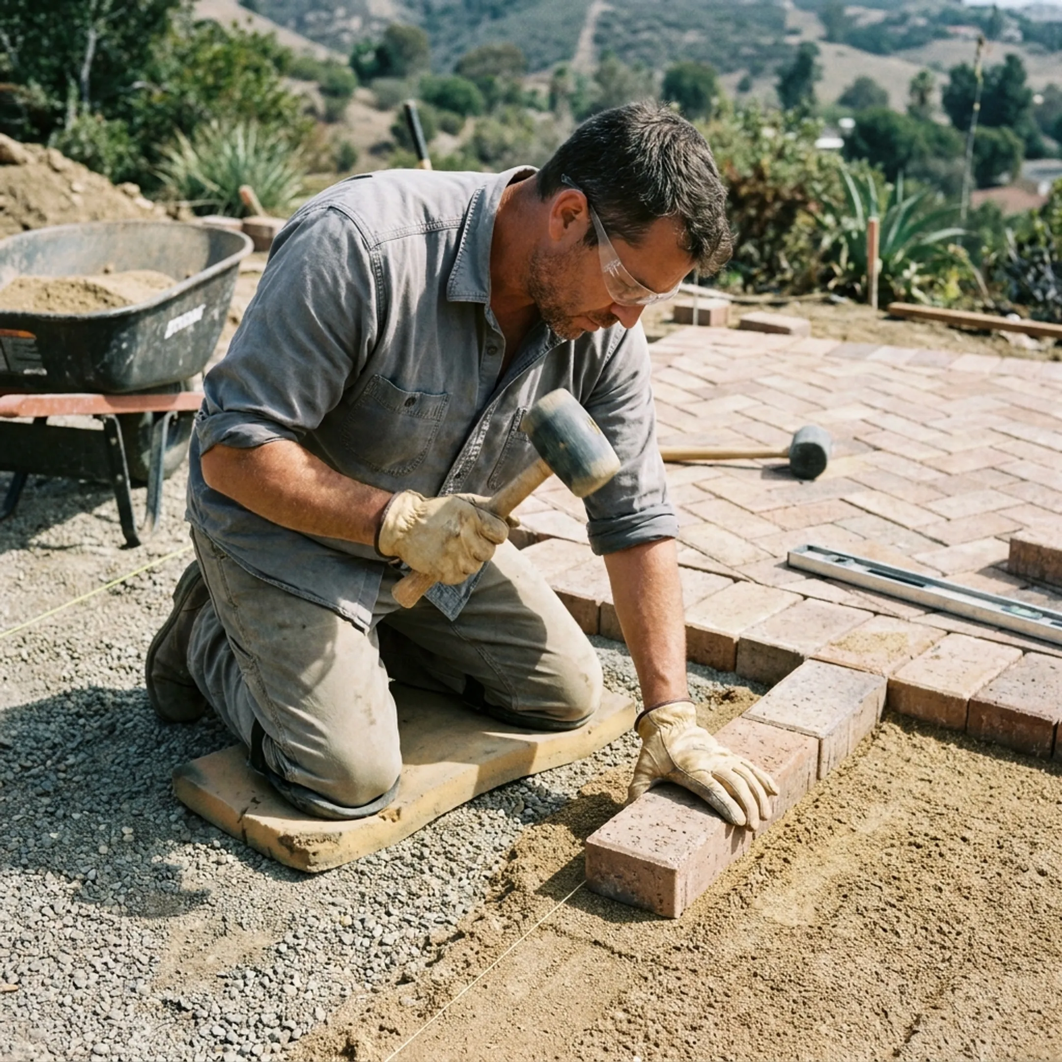 Craftsman installing brick paving stones on a compacted foundation