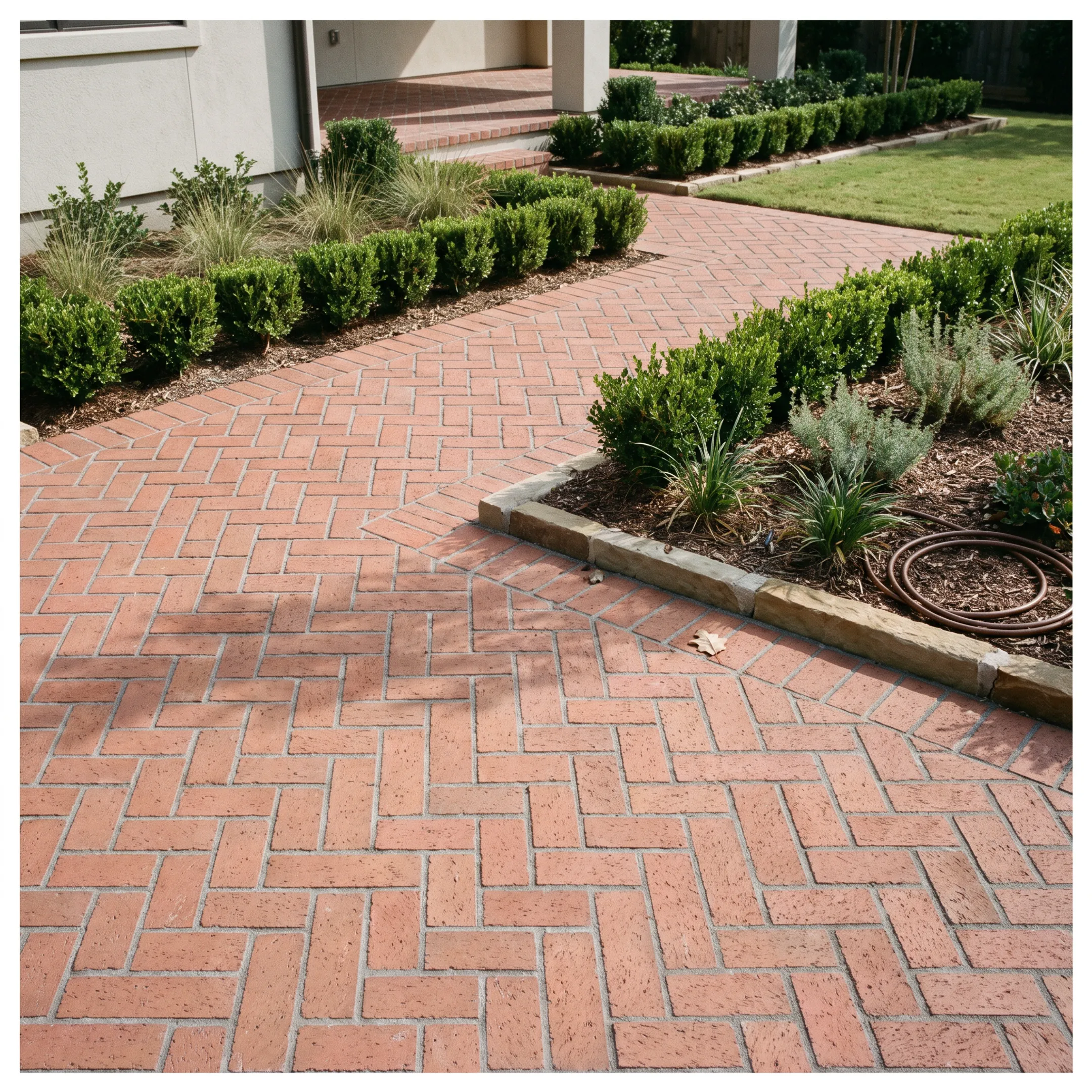 Newly installed custom brick patio in an outdoor residential backyard