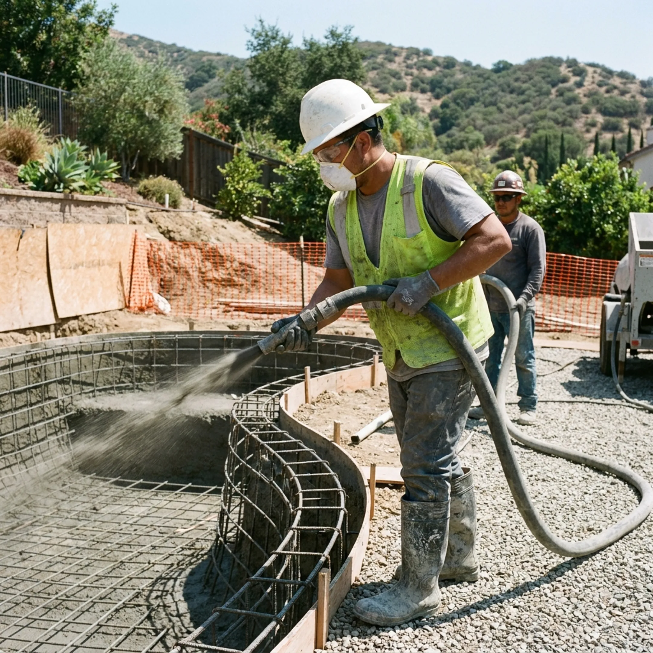 Construction team spraying gunite over steel rebar for a swimming pool shell