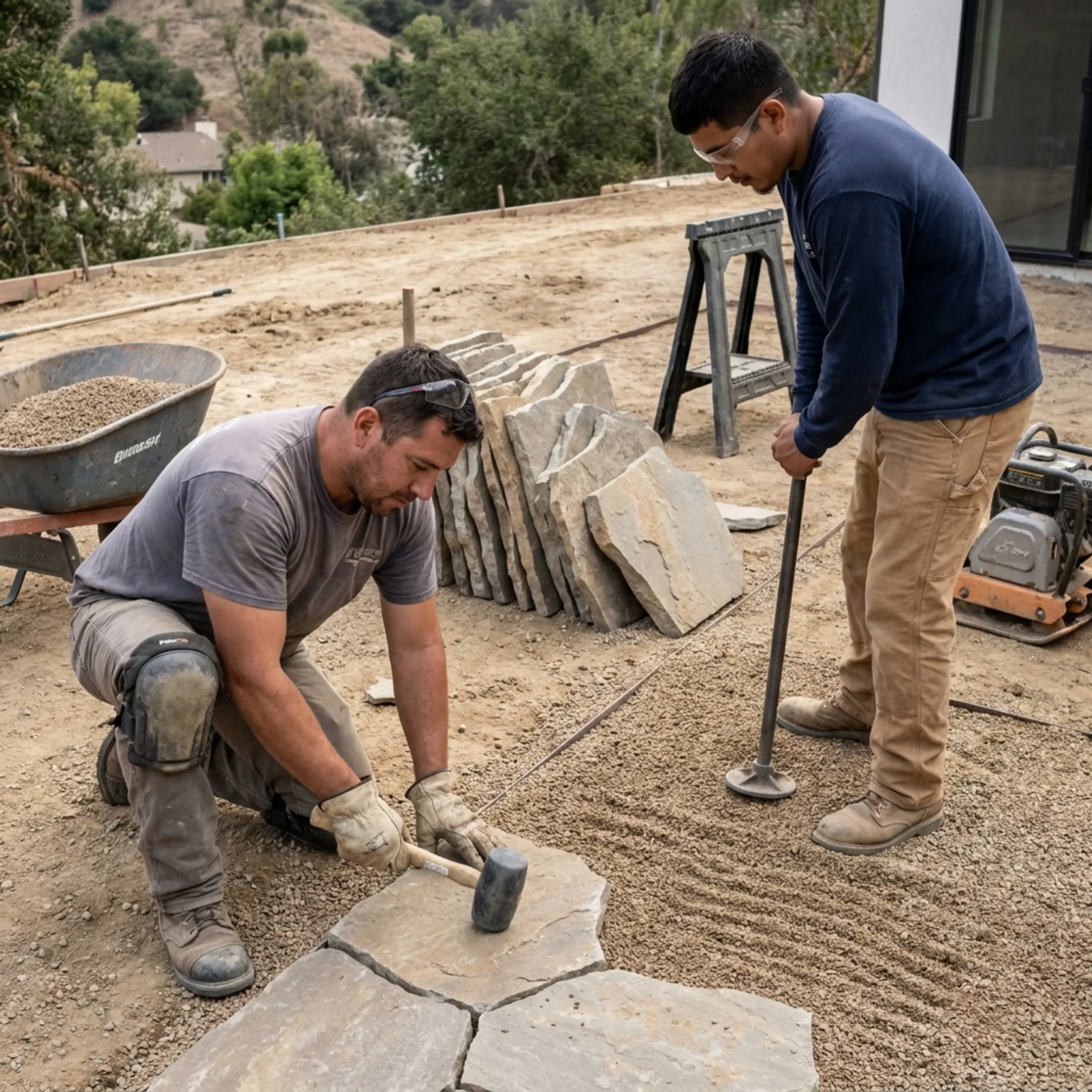 Contractor compacting base material for a paver patio installation
