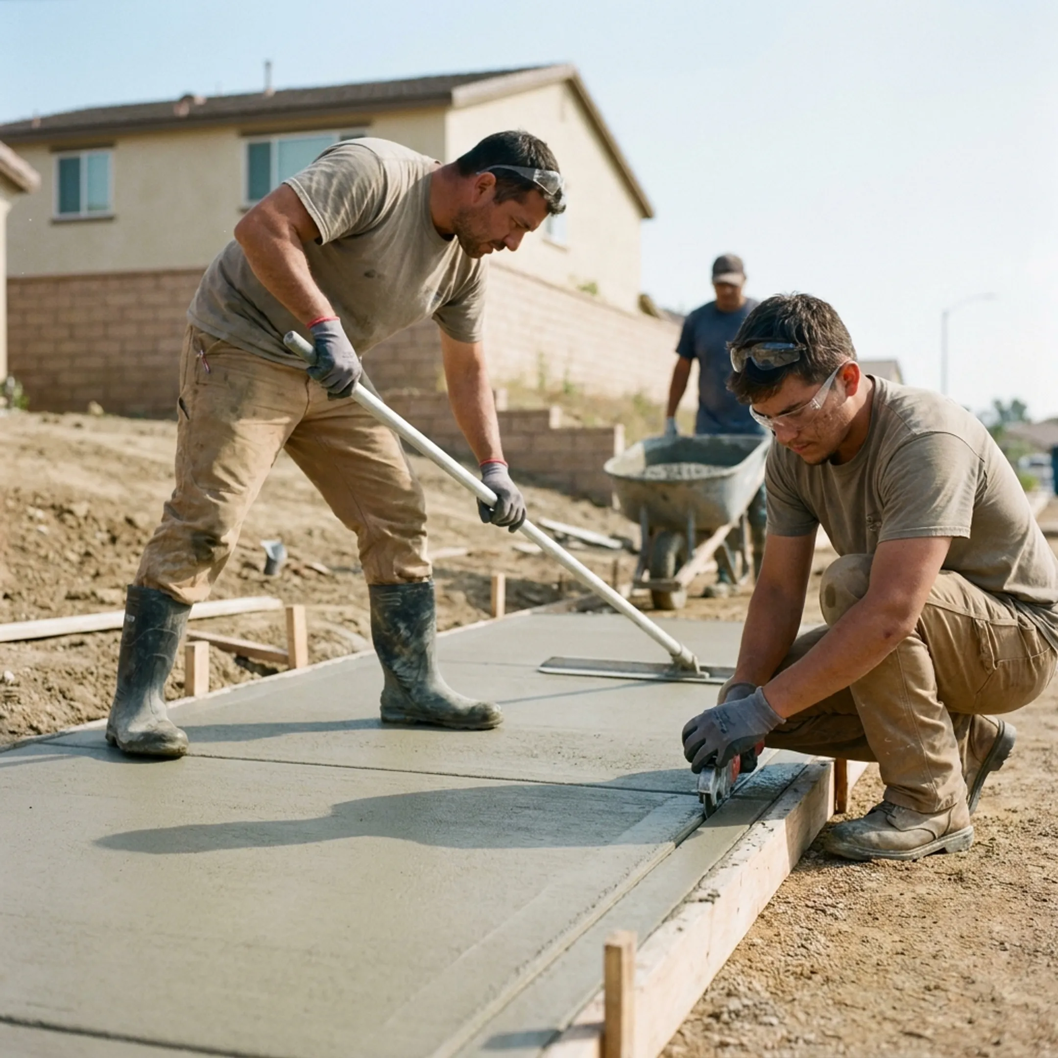 Workers pouring and troweling a durable concrete pathway