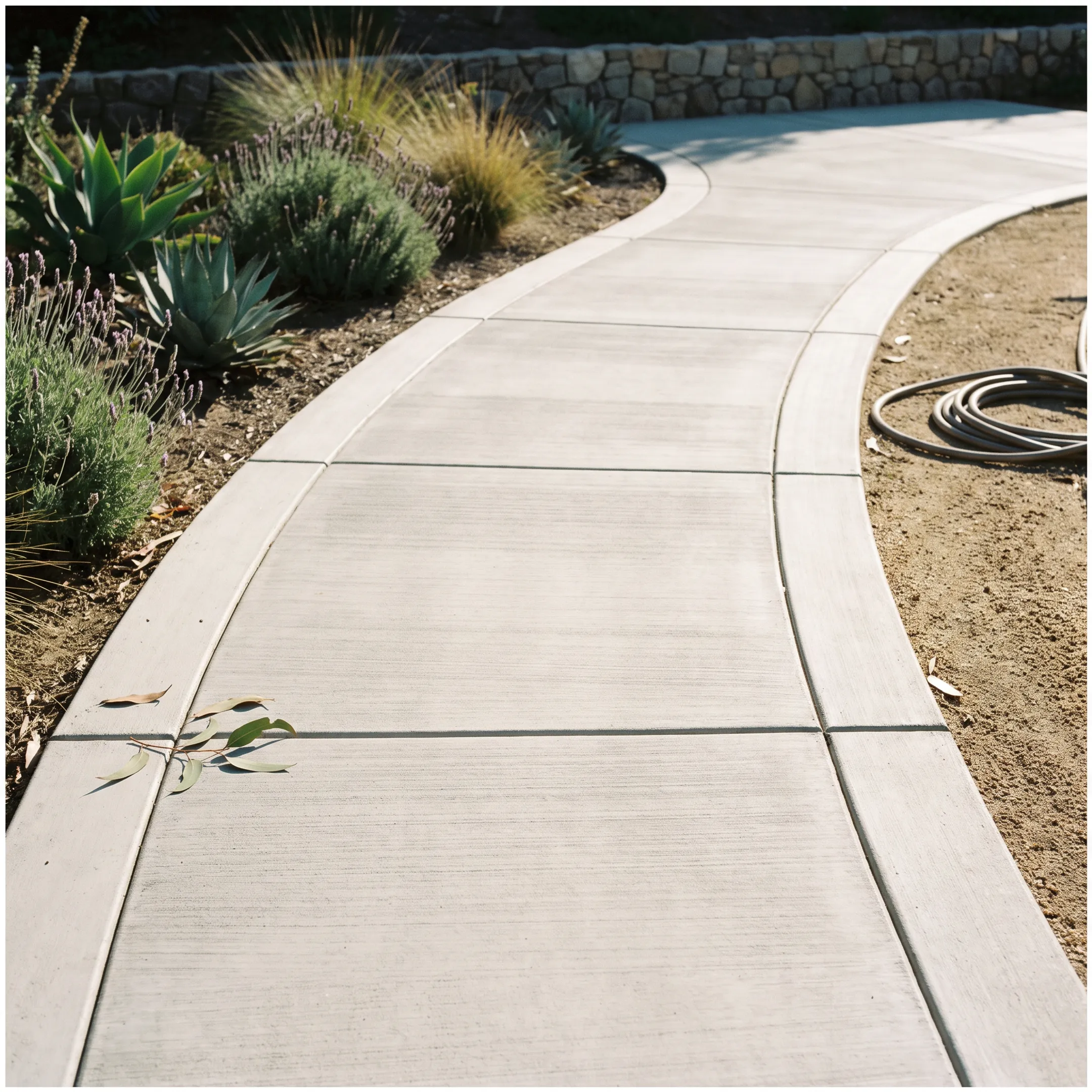 Newly poured residential concrete sidewalk with clean control joints