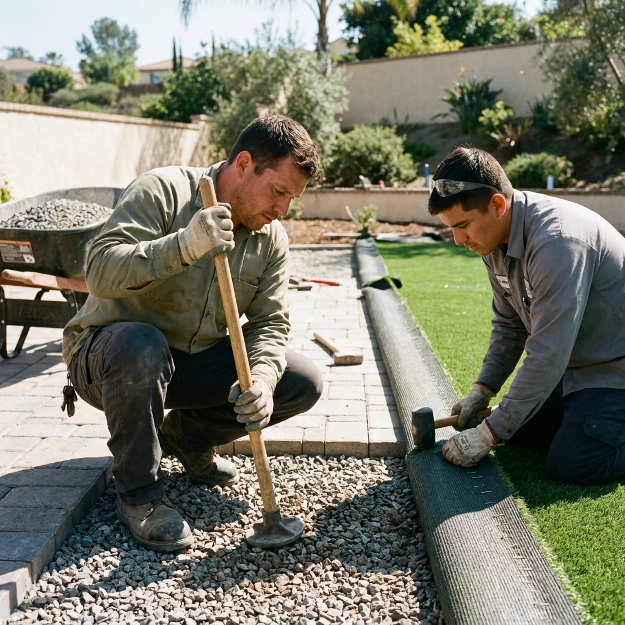 Contractor installing and compacting aggregate base for synthetic turf
