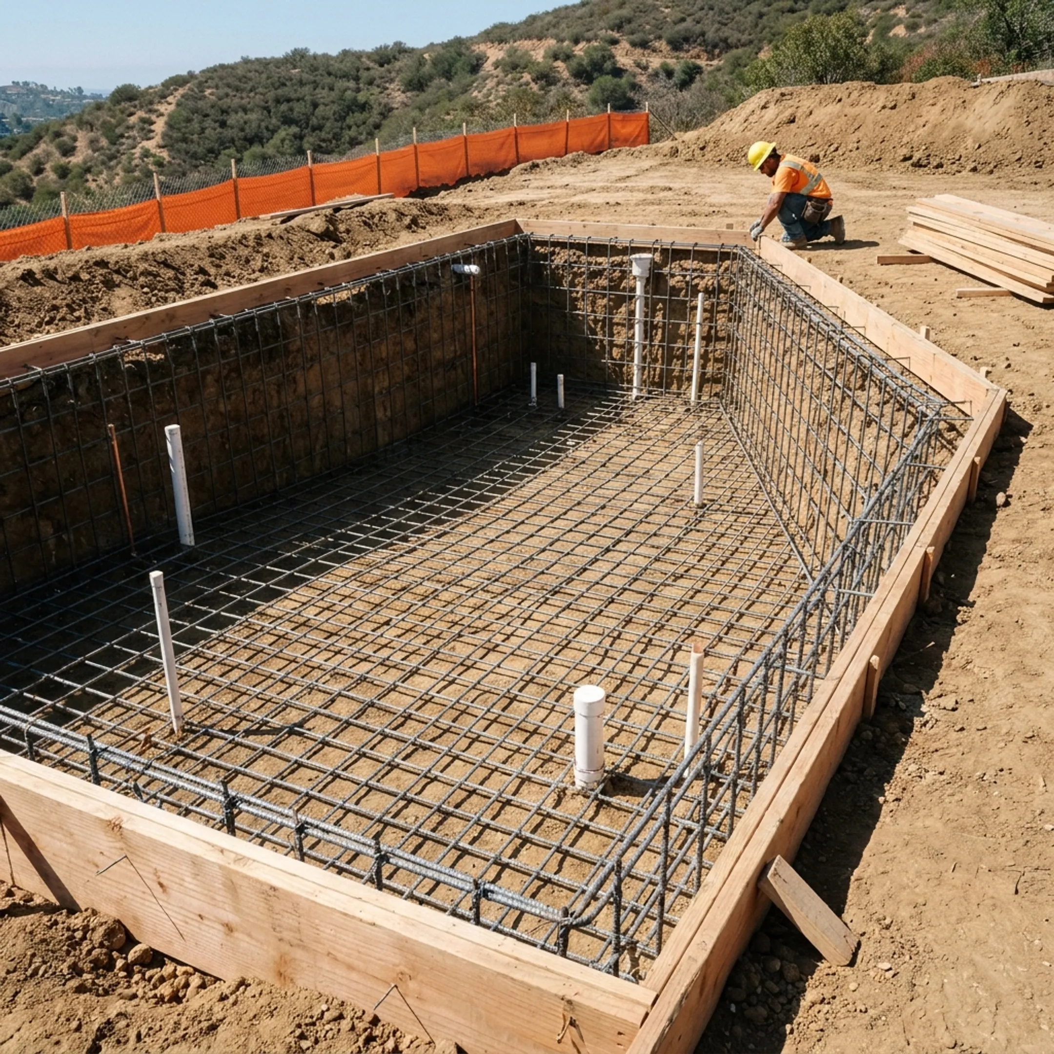 Construction crew framing and placing steel rebar for a custom pool shell