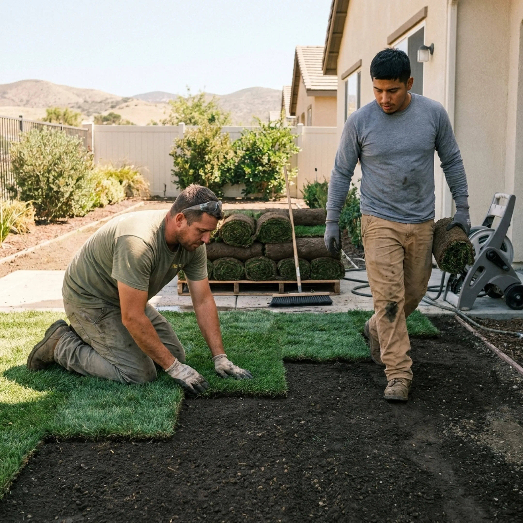 Landscaping crew unrolling sod rolls on a graded residential lawn