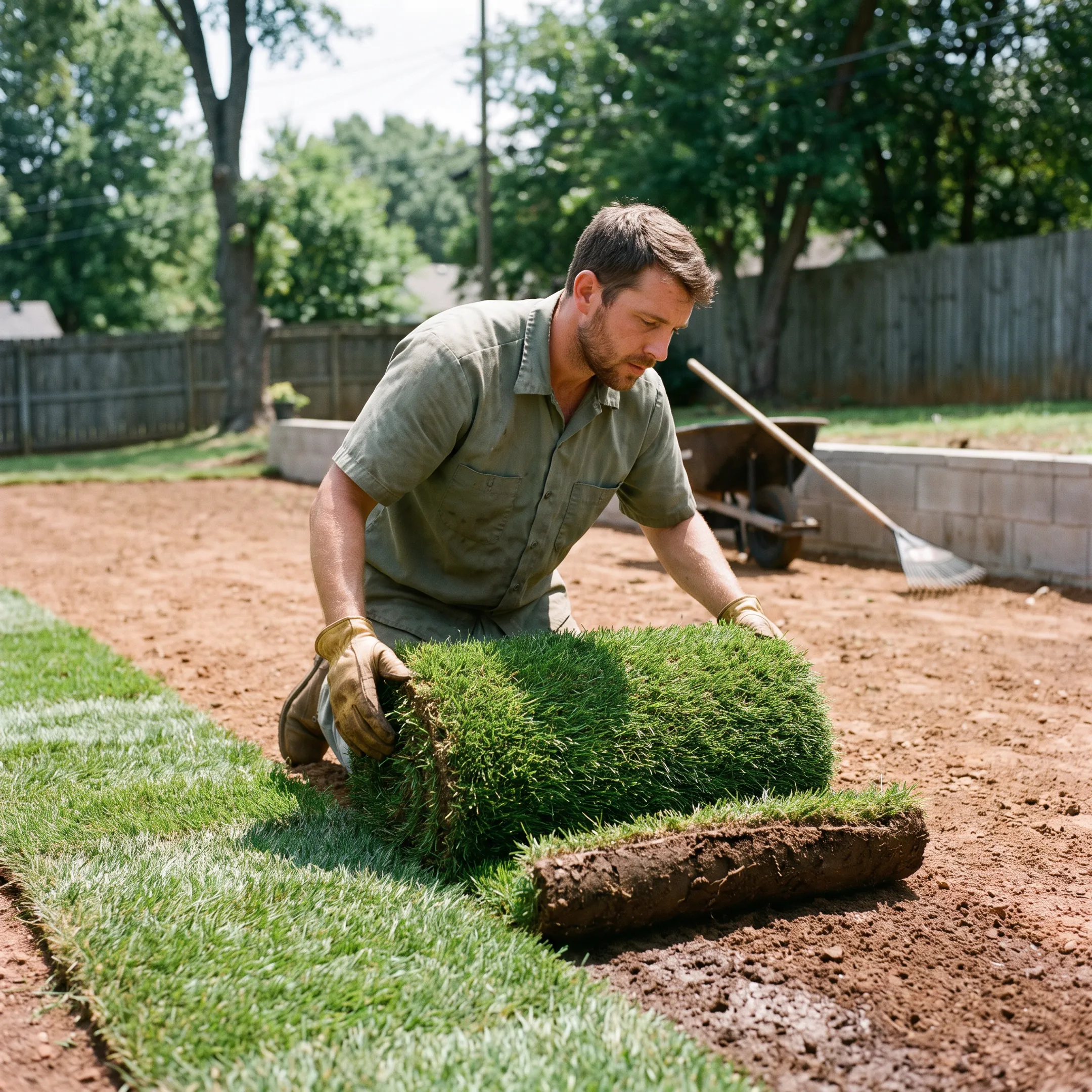 Fresh green sod rolls being installed on prepared residential lawn