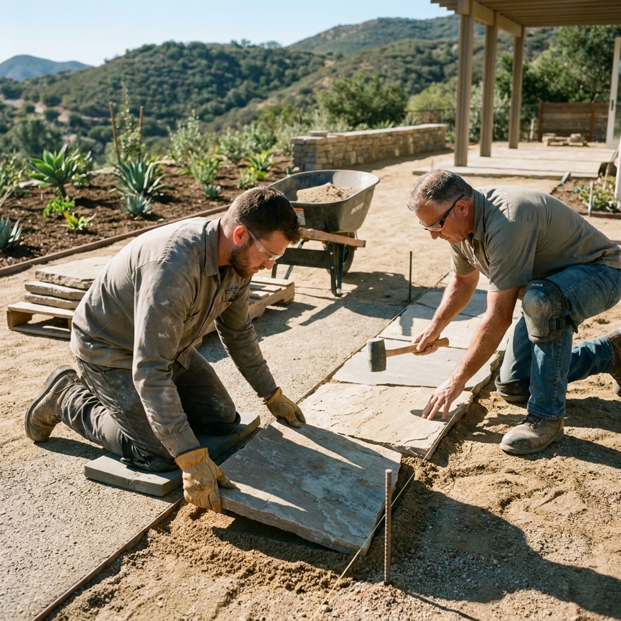 Crew laying natural stone pavers alongside structured landscape plantings