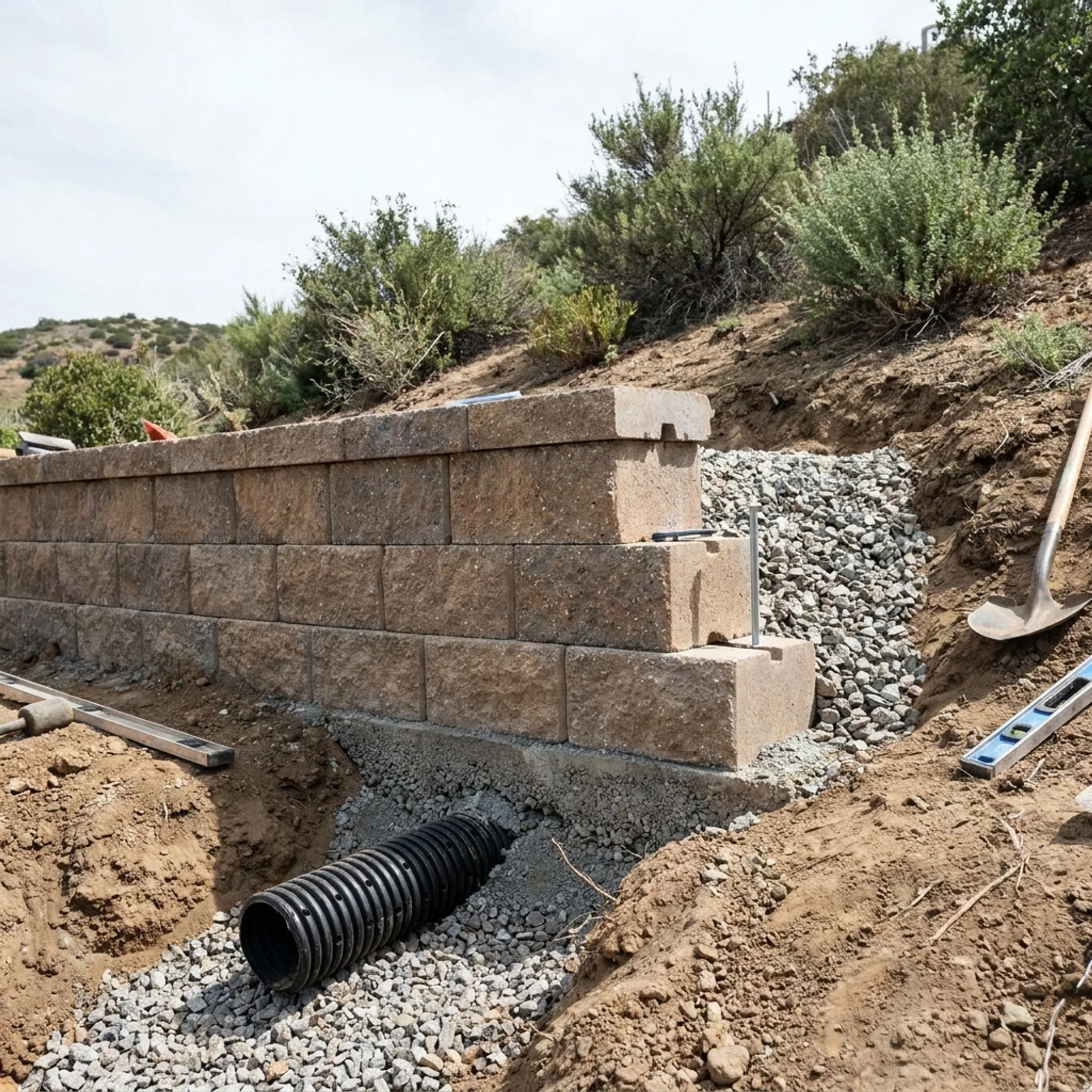 Finished interlocking block retaining wall with integrated drainage