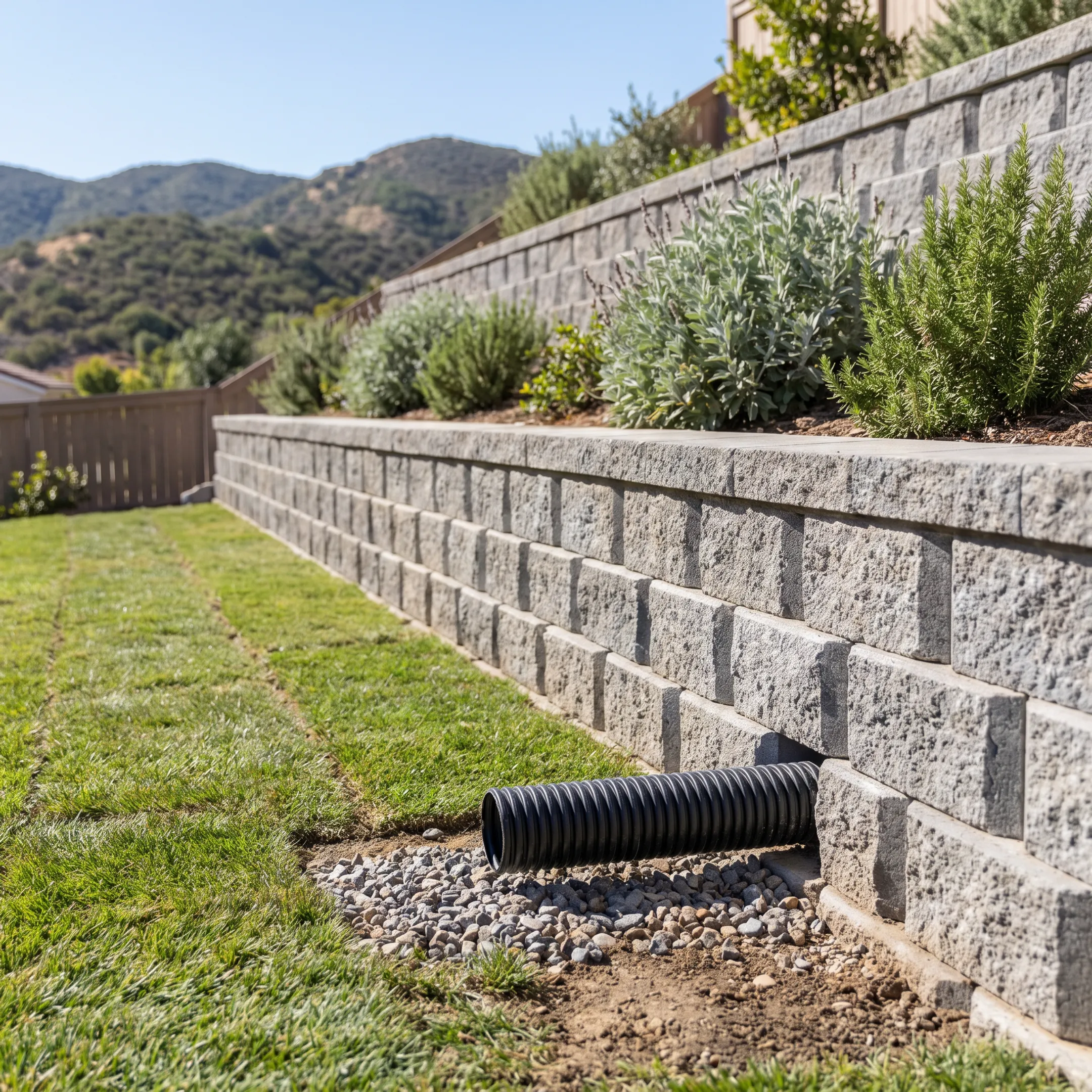 Concrete block retaining wall installed on residential slope