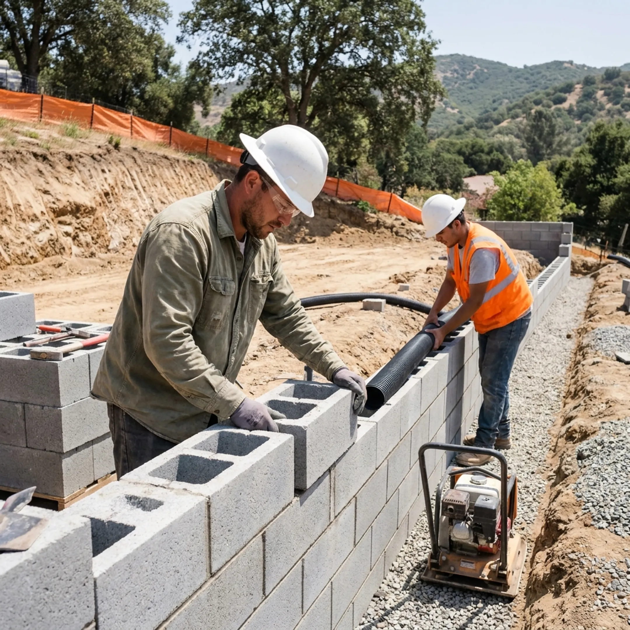 Retaining wall construction with gravel backfill and drainage pipe