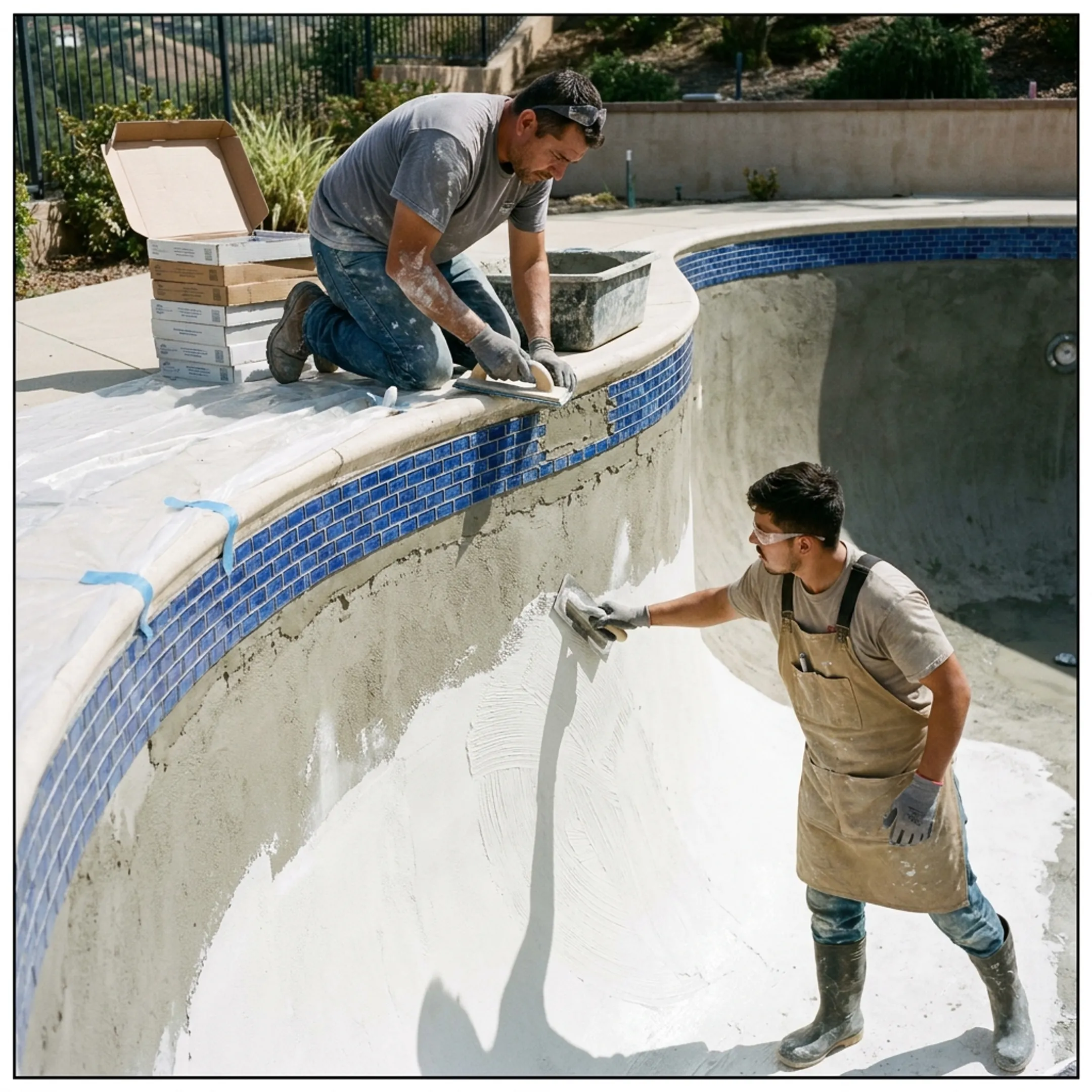 Contractor overseeing the plastering phase of a pool remodeling project in San Fernando Valley