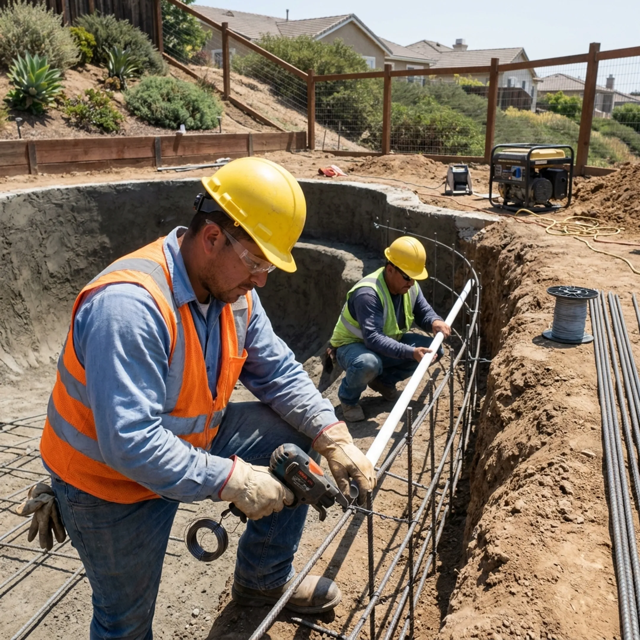Construction crew assembling rebar framing and plumbing for a gunite pool shell