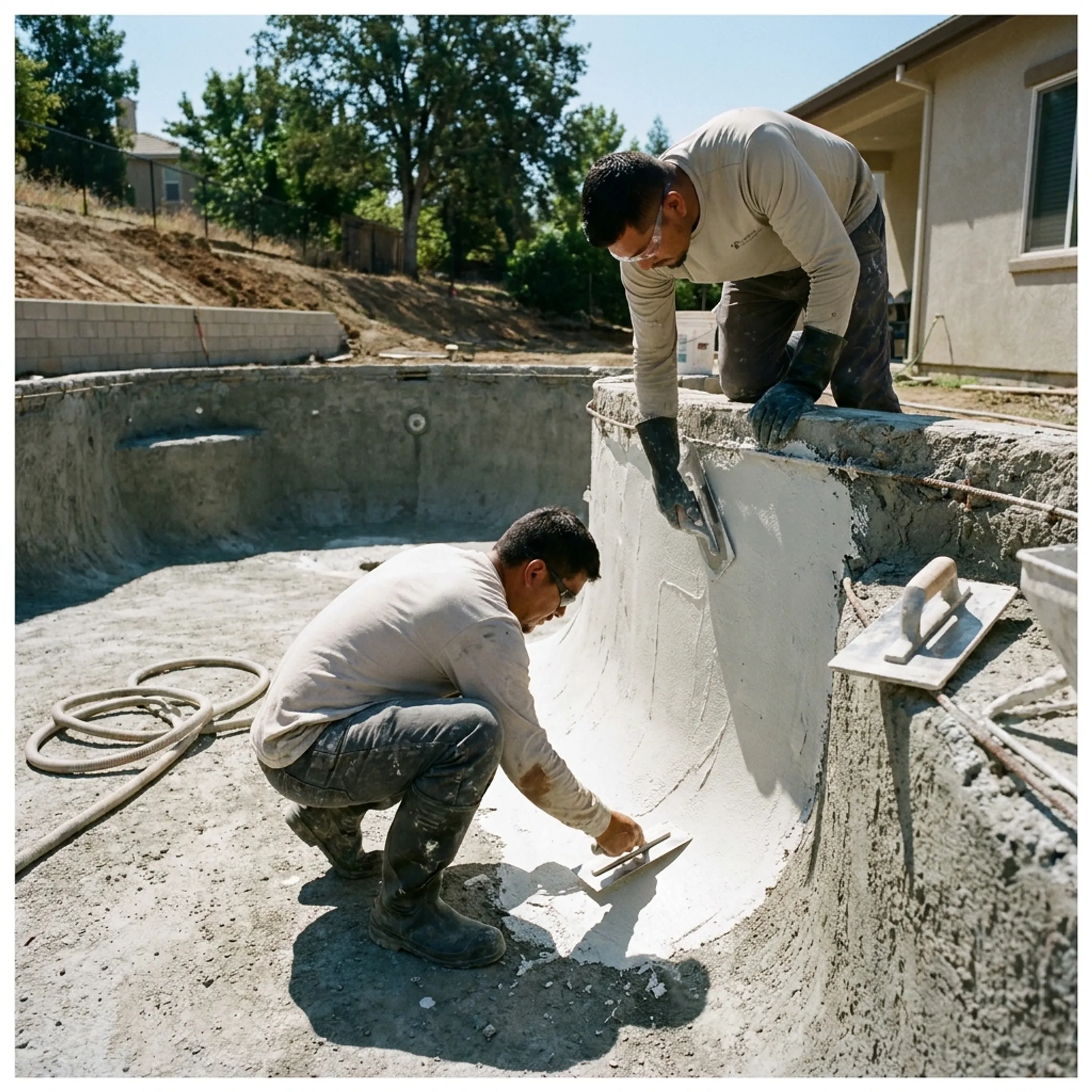Craftsmen applying smooth plaster finish to an empty swimming pool shell