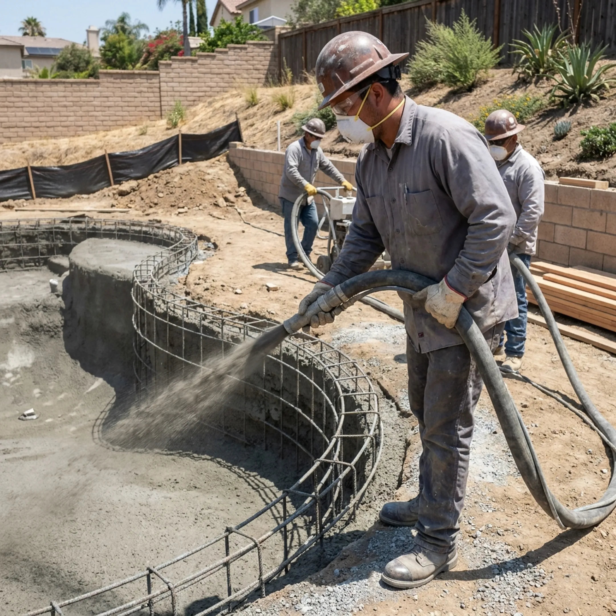 Pool construction phase showing reinforced steel framing and gunite application