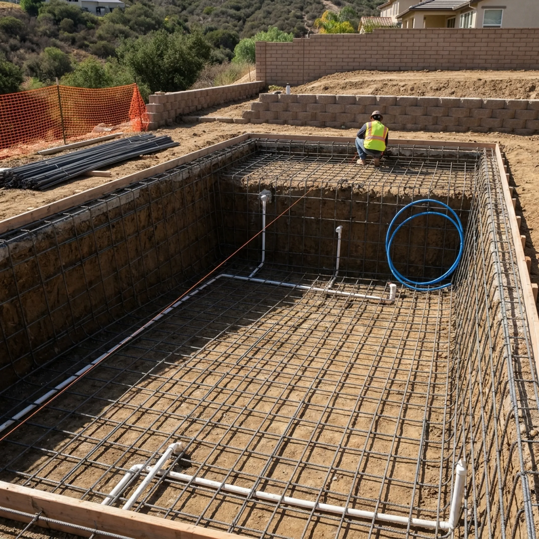 Gunite swimming pool and integrated spa construction in progress