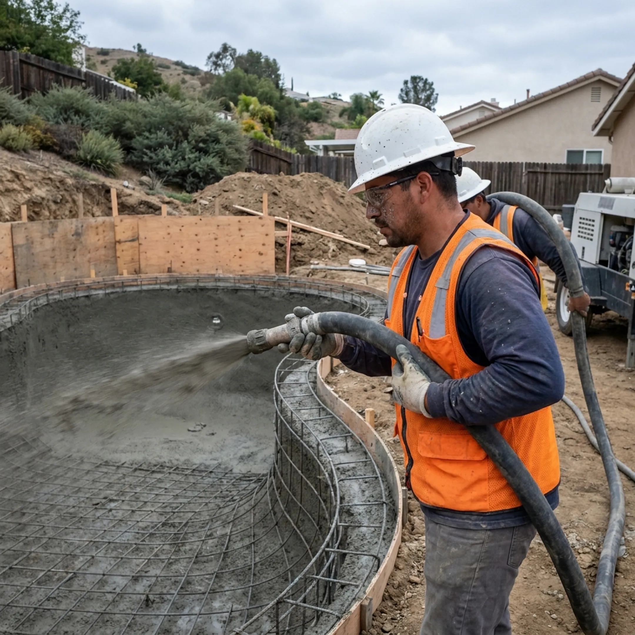 Construction crew applying pneumatic gunite to steel-reinforced pool frame