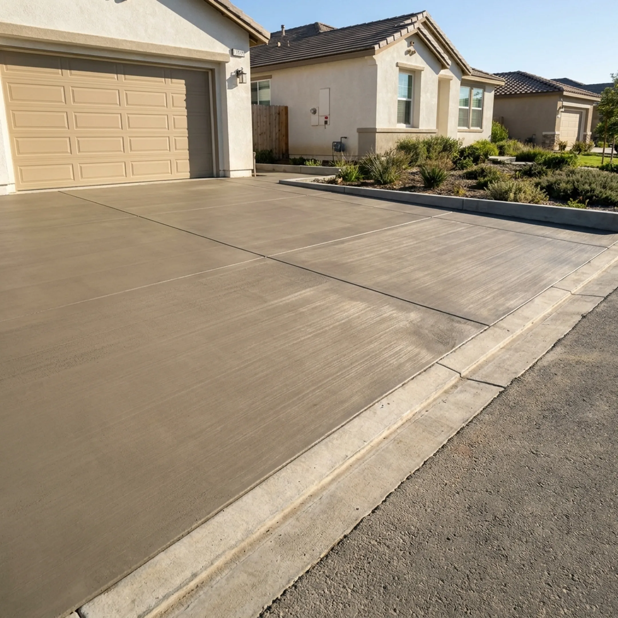 Freshly installed concrete driveway paving outside a residential home