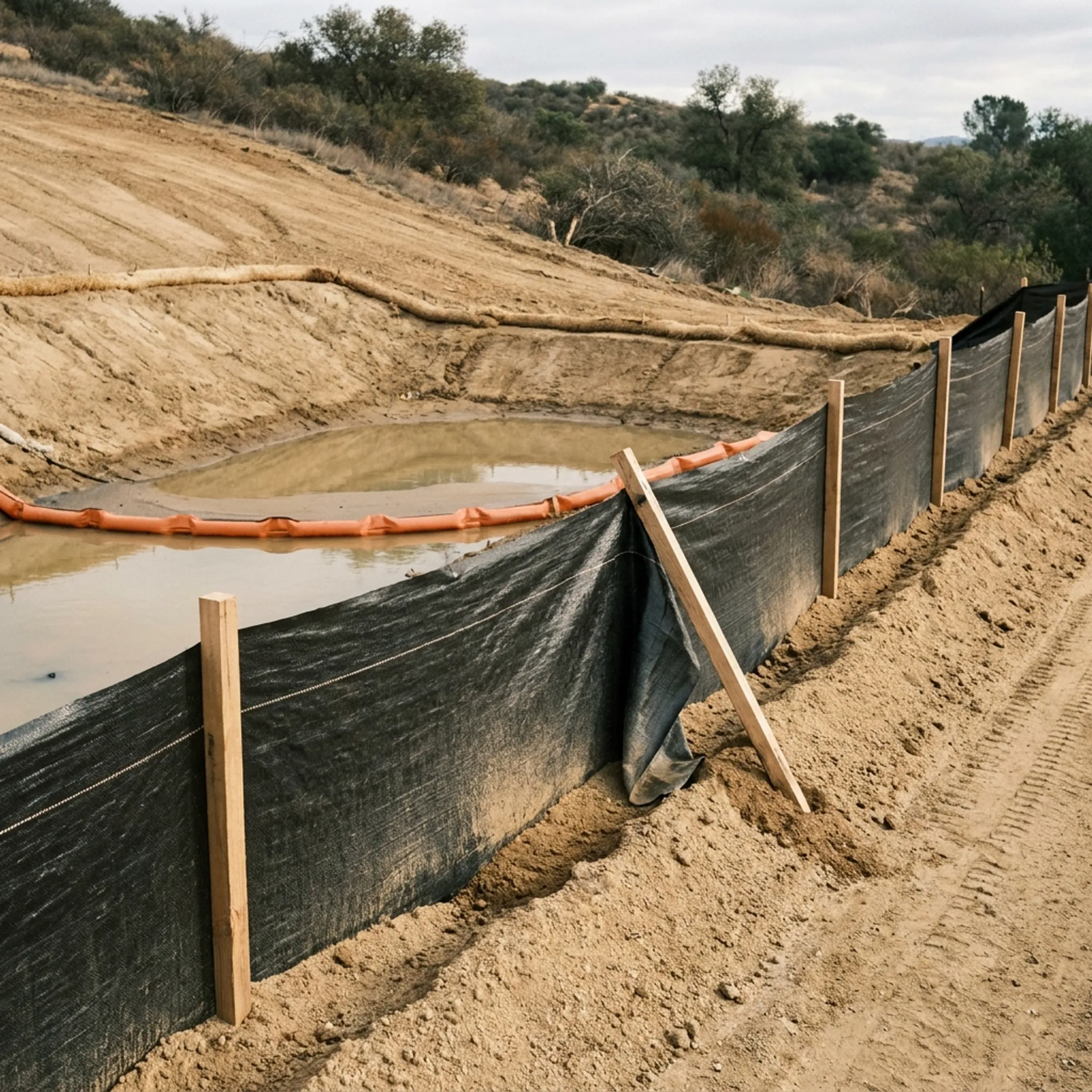 Silt fence and turbidity barrier protecting a graded hillside construction area