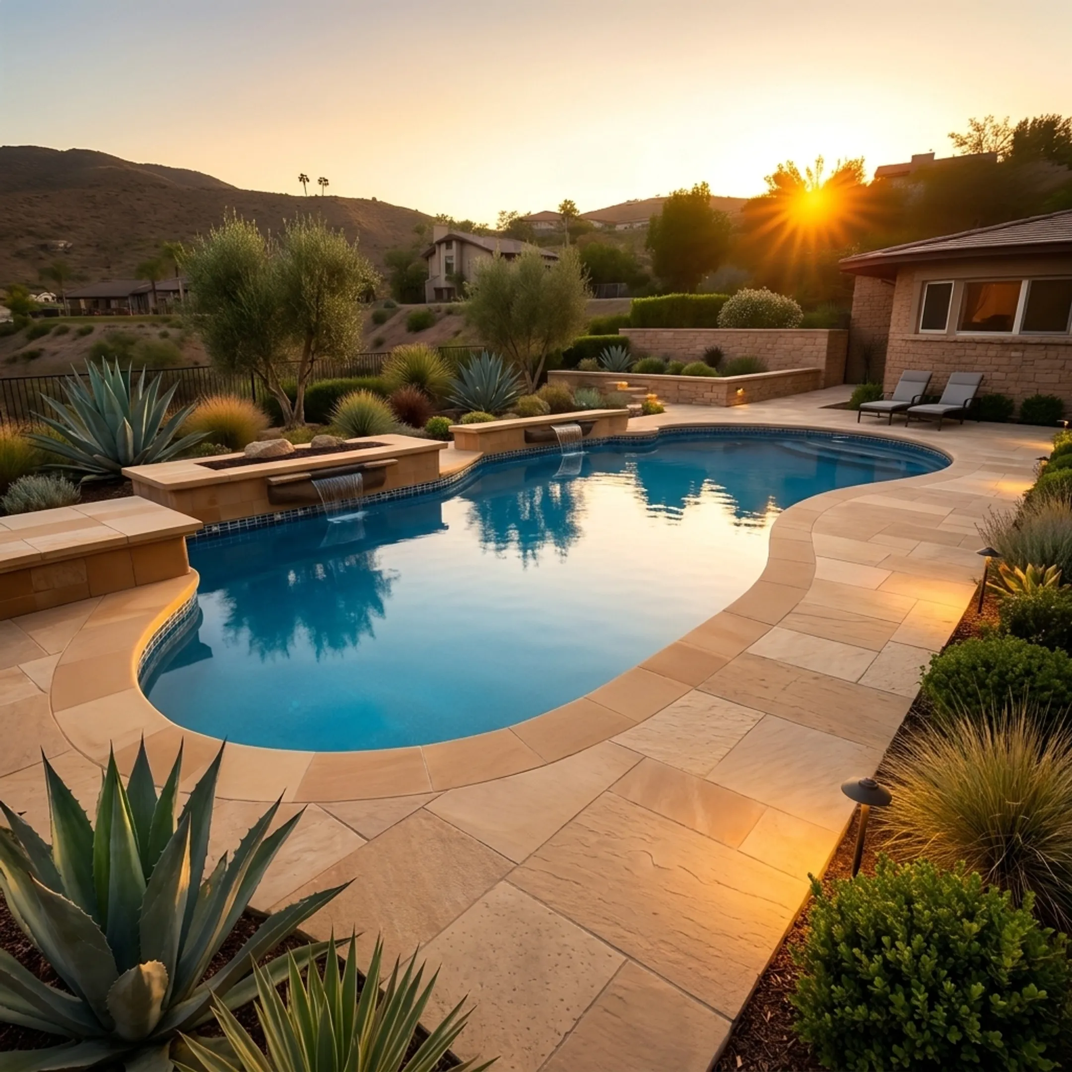 Completed outdoor living project with custom pool, retaining wall, and stone fire pit