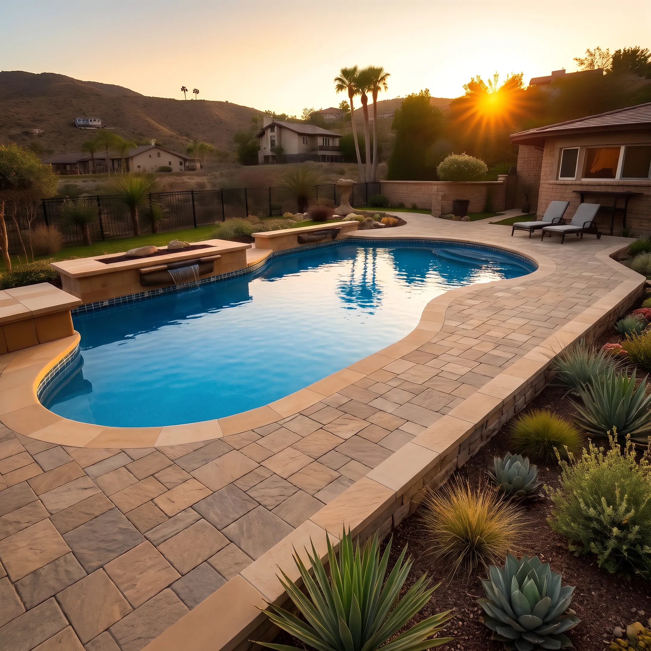Modern residential landscape with stone patio, pool, and drought-tolerant plantings