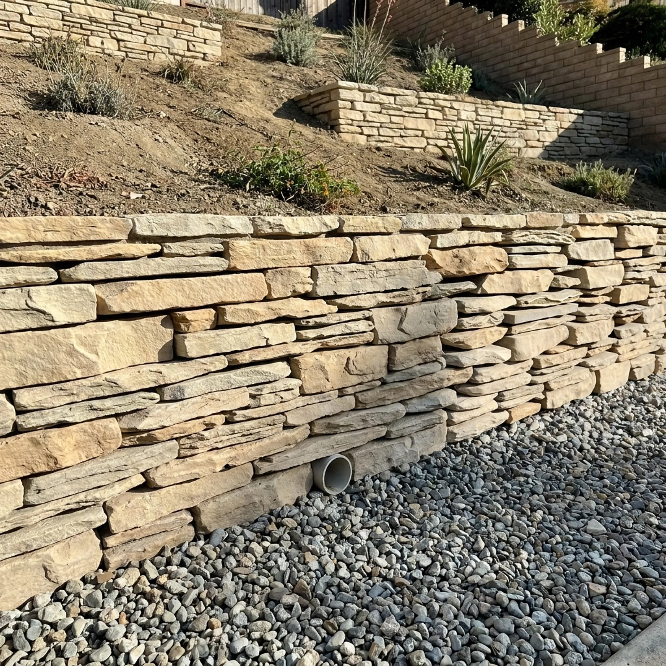 Engineered concrete retaining wall holding a terraced residential hillside