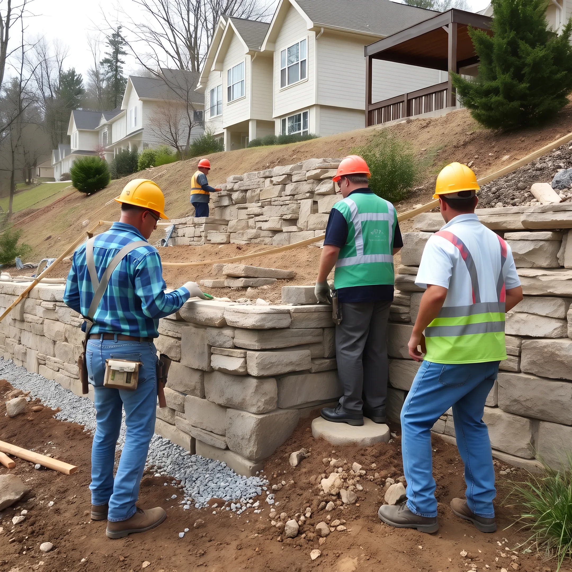 Newly constructed stone retaining wall providing structural slope support in a residential yard