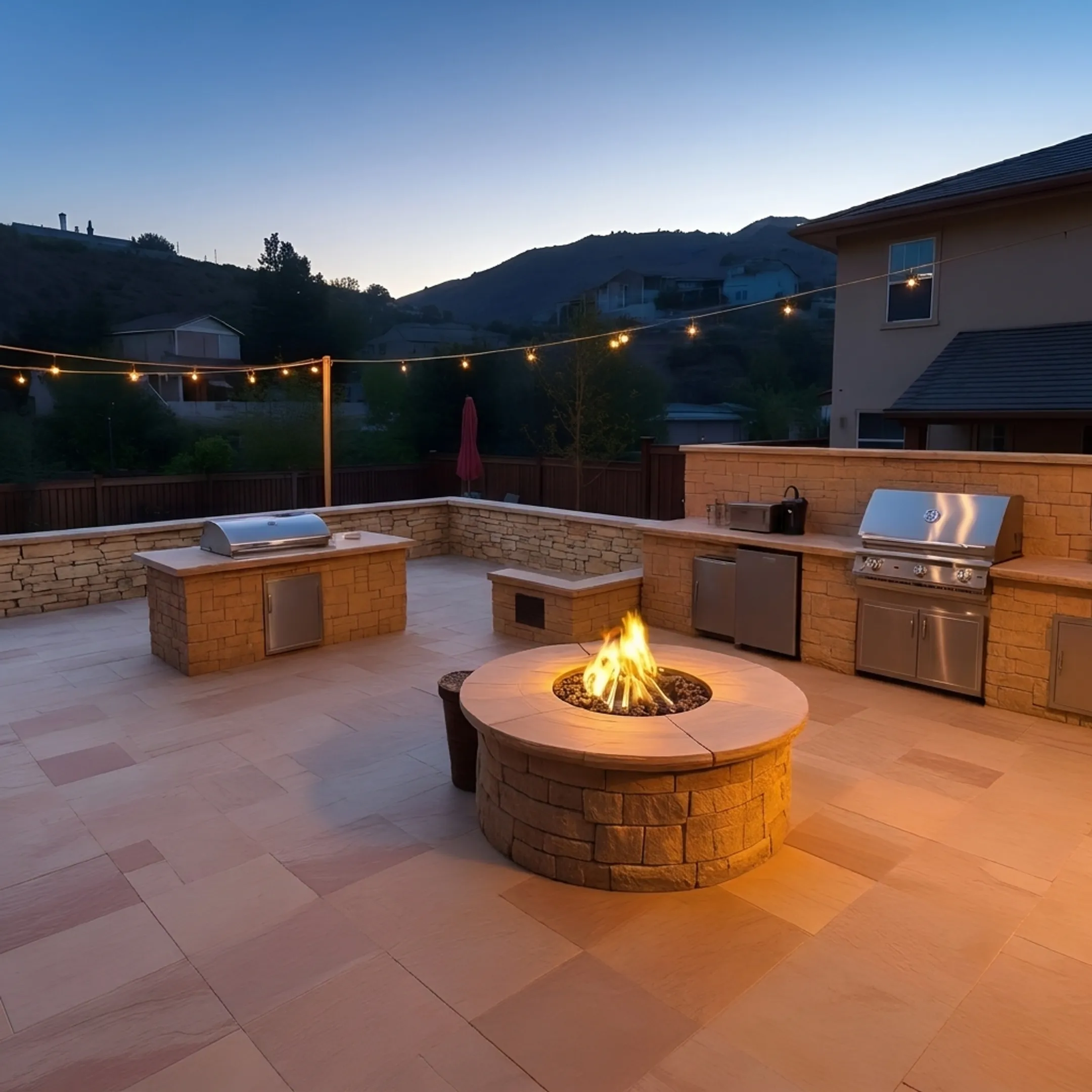 Custom stone paver patio installation with outdoor kitchen and fire feature