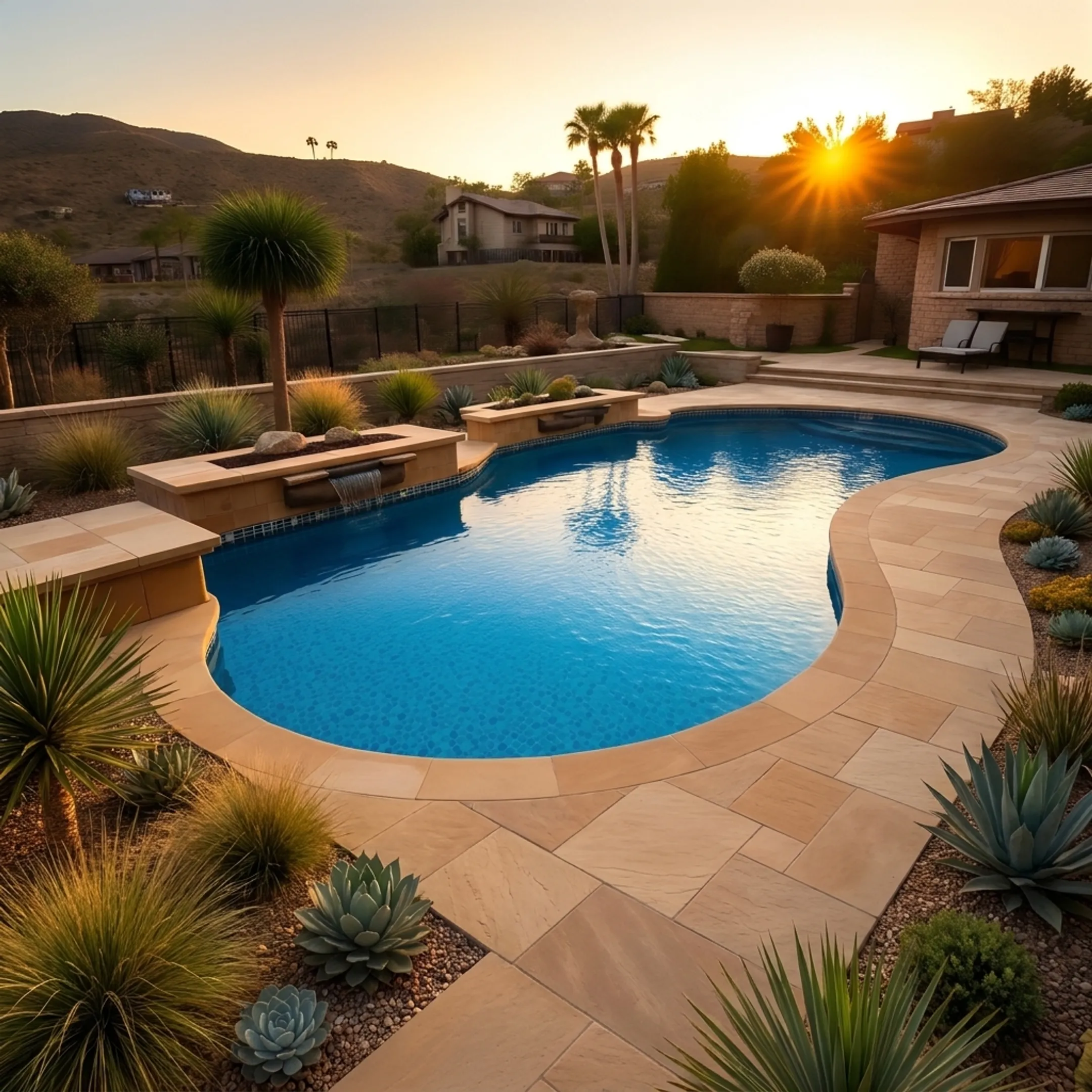 Custom gunite swimming pool with integrated stone hardscape and landscaping