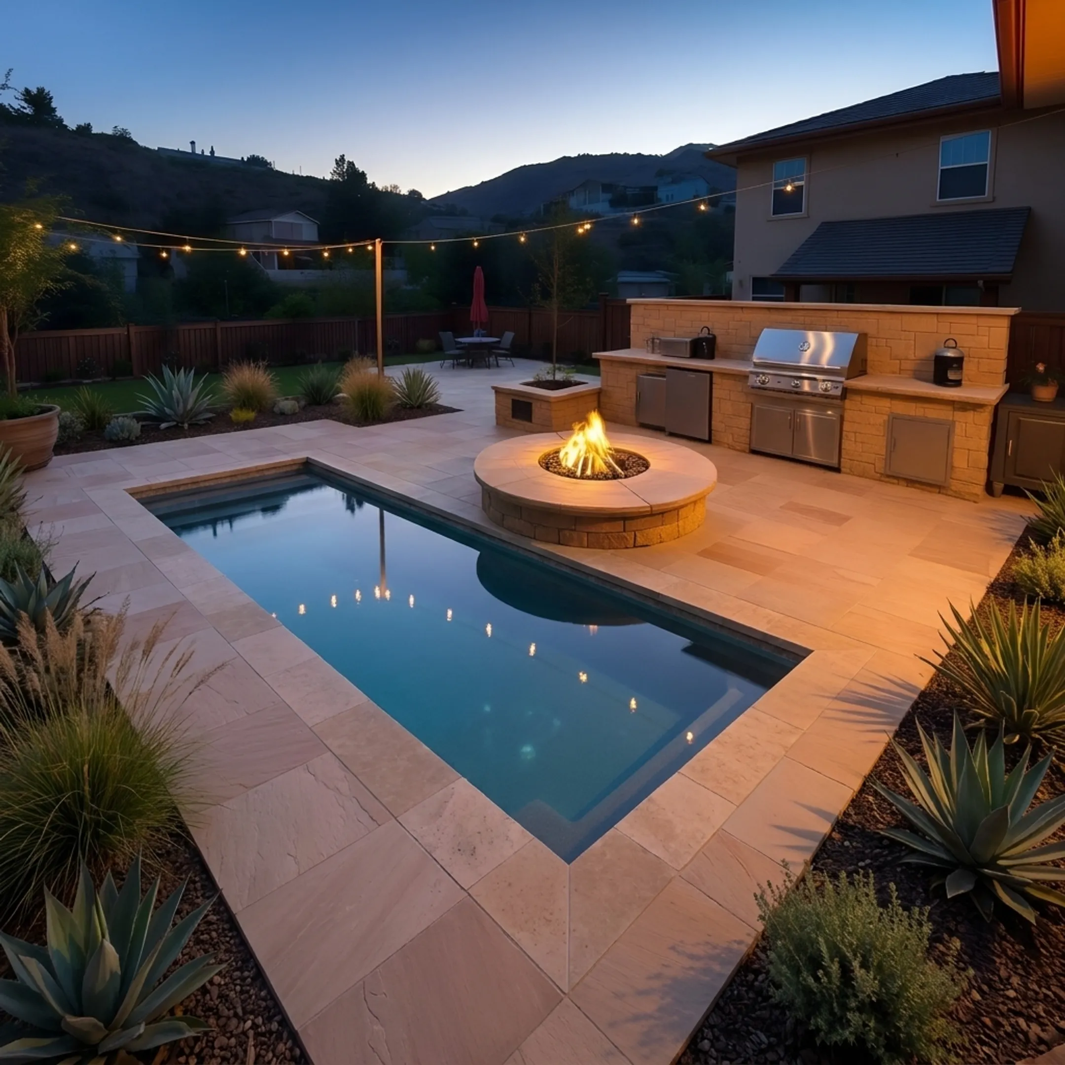 Integrated outdoor living space with swimming pool, fire feature, and garden