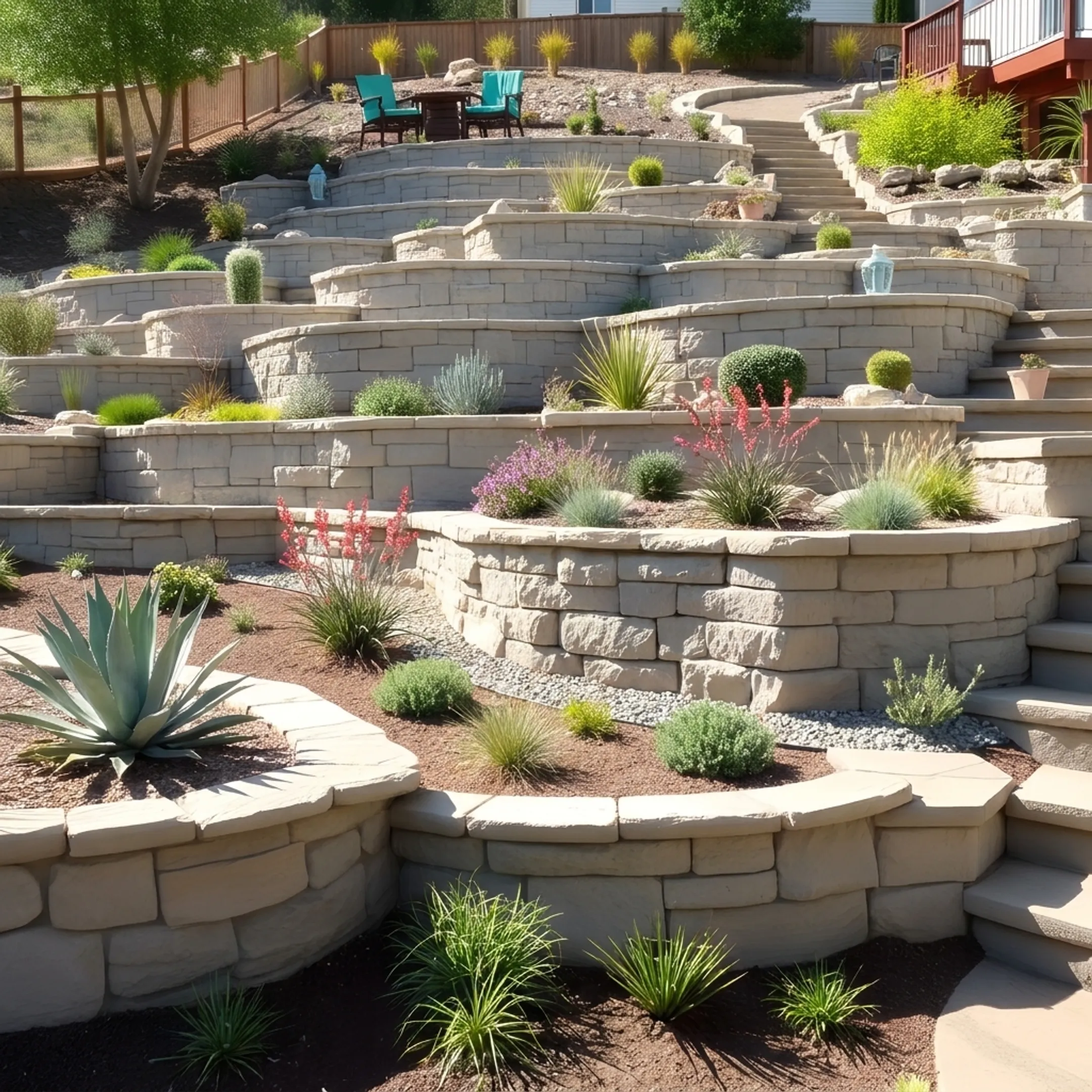 Engineered stone retaining wall installed on a residential slope in Austin