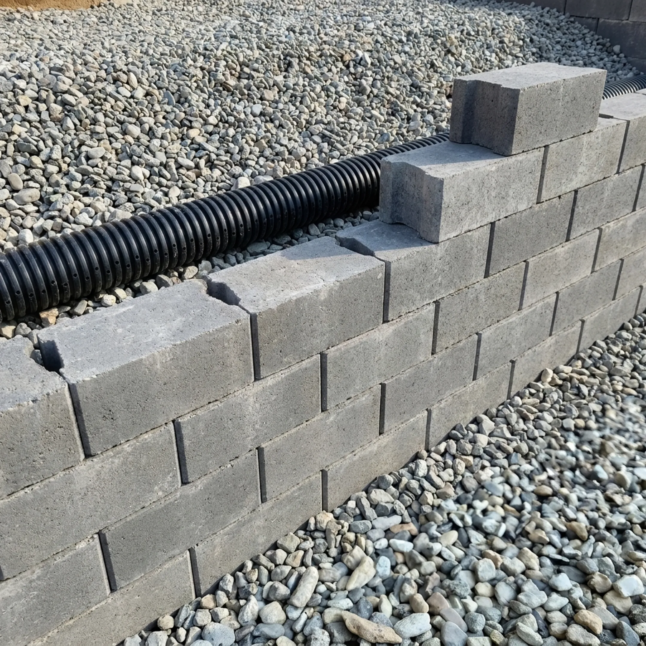 Construction crew installing retaining wall drainage and stone block layers
