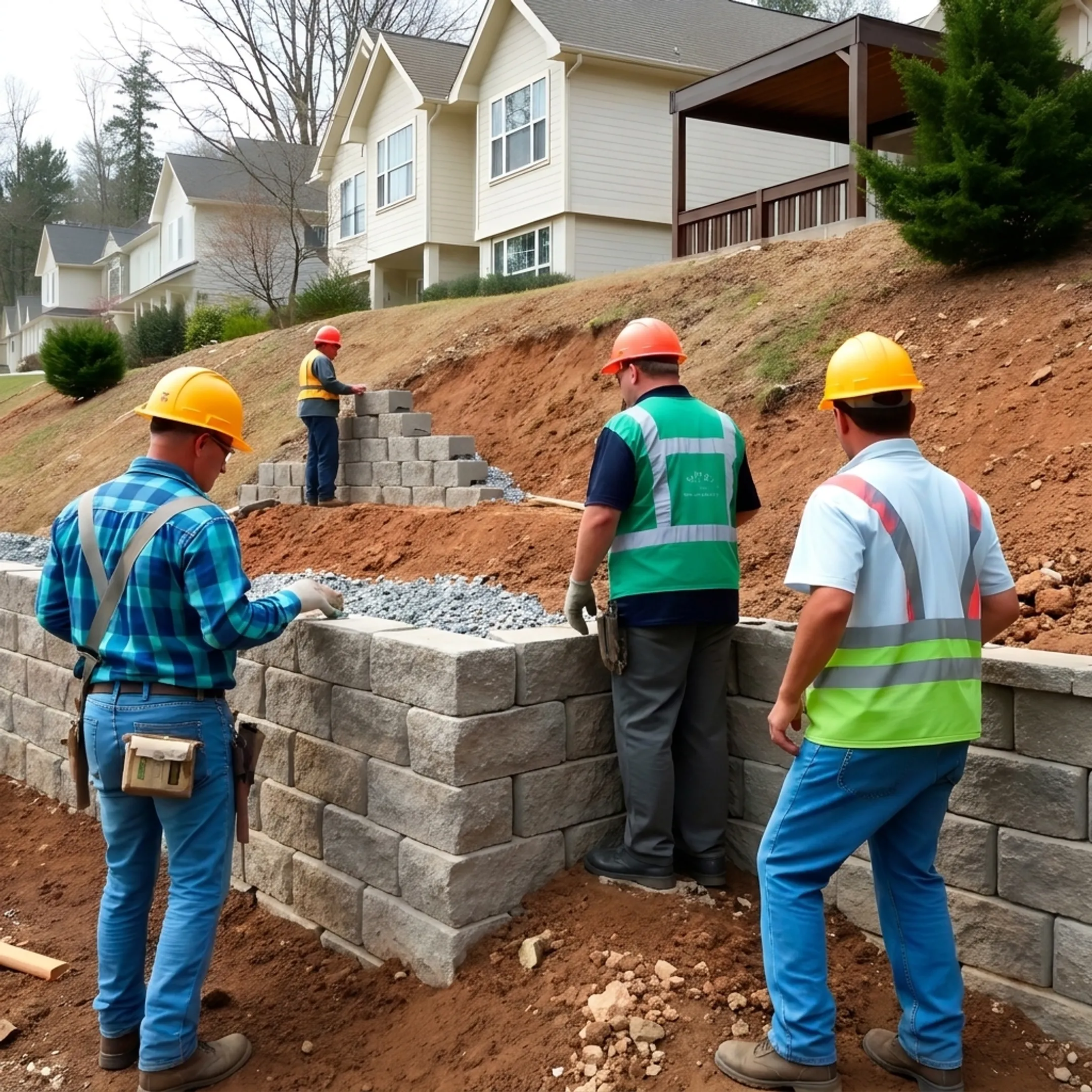 Construction worker installing base layer of a residential retaining wall