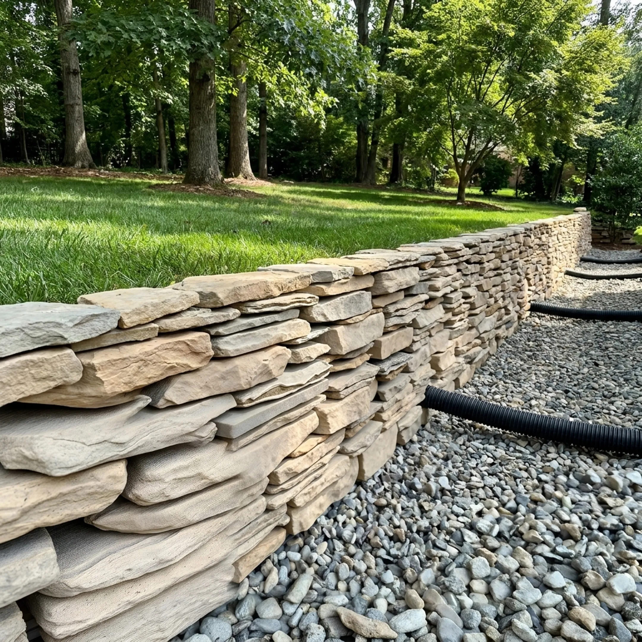 Engineered residential stone retaining wall in a sloped backyard