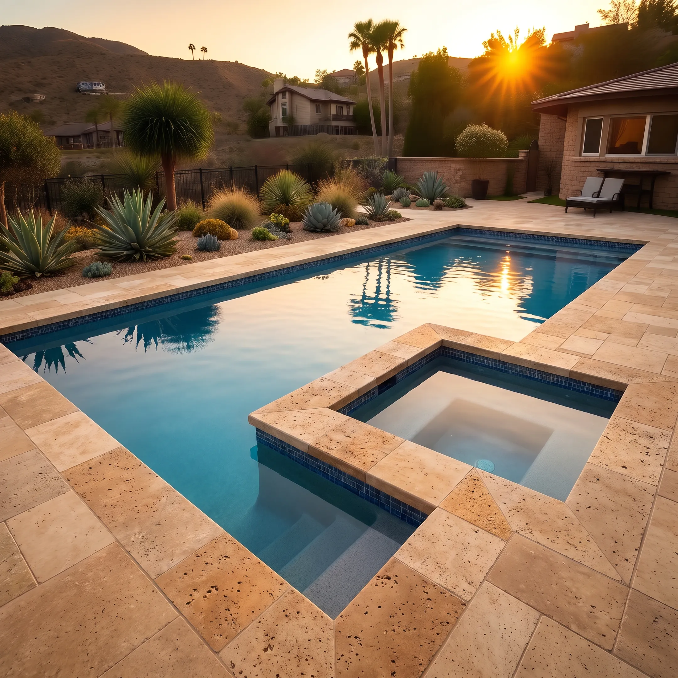 Custom gunite swimming pool and spa with stone coping in a Thousand Oaks residential backyard