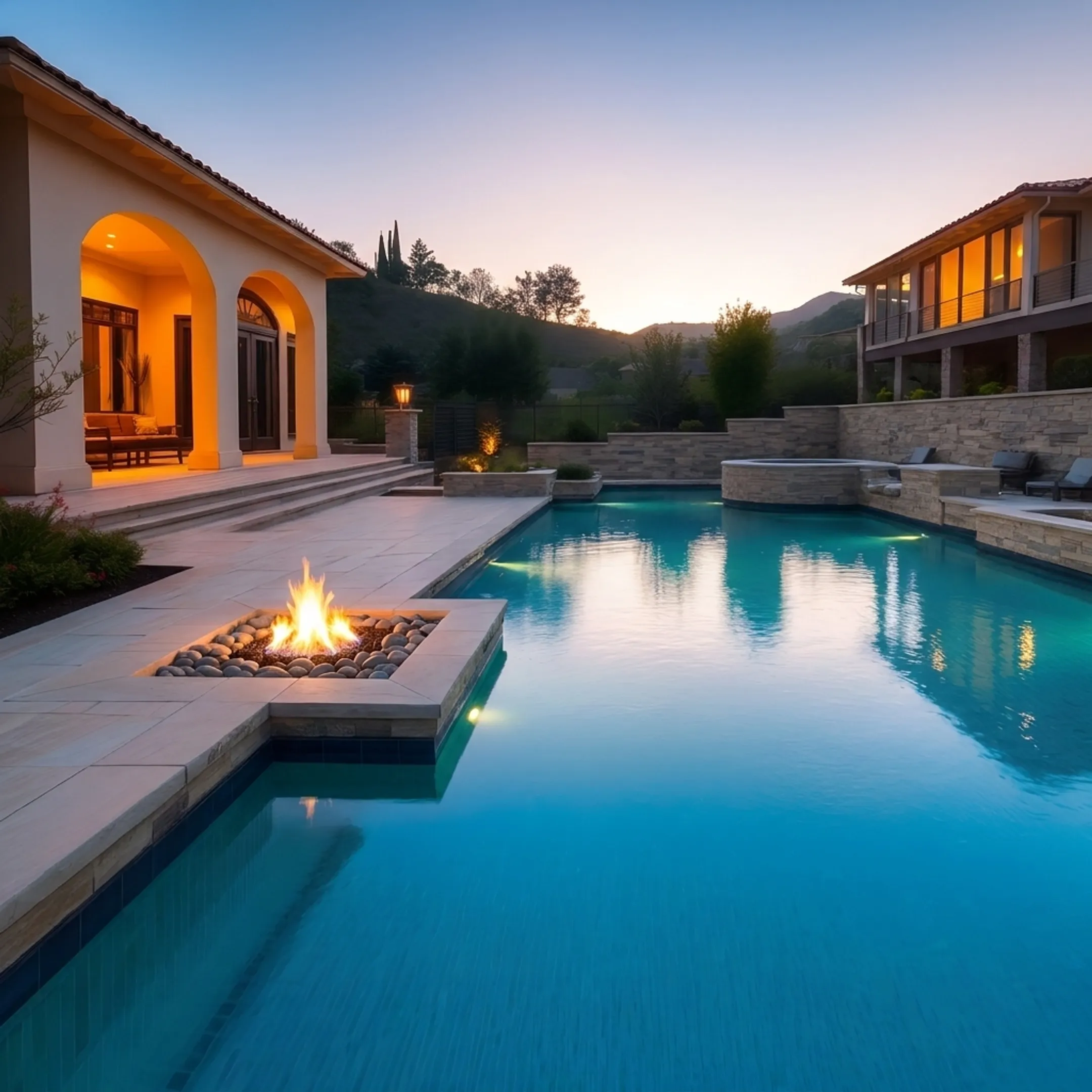 Finished backyard swimming pool build featuring engineered retaining wall and paver deck
