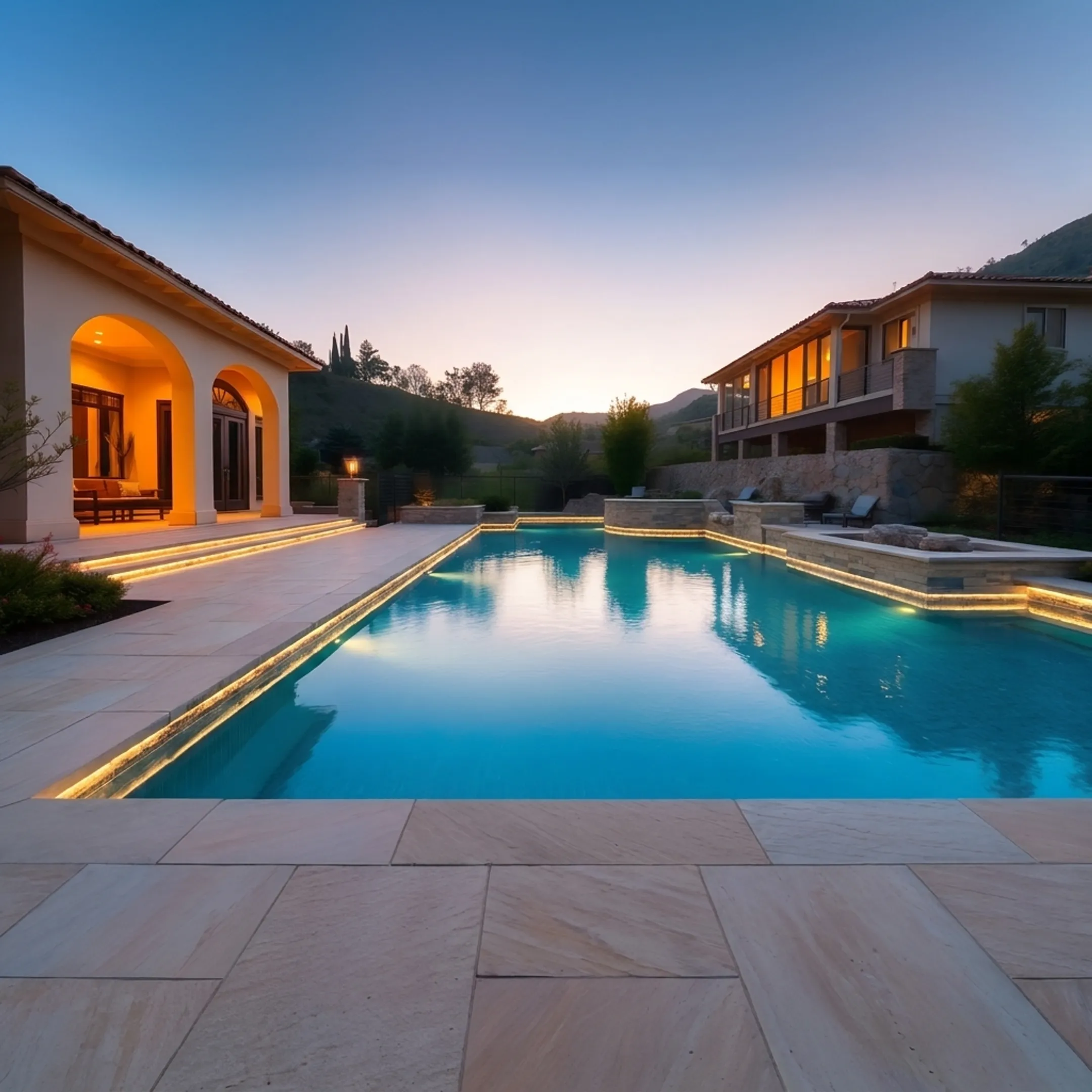 Engineered luxury swimming pool with raised stone deck and clean coping