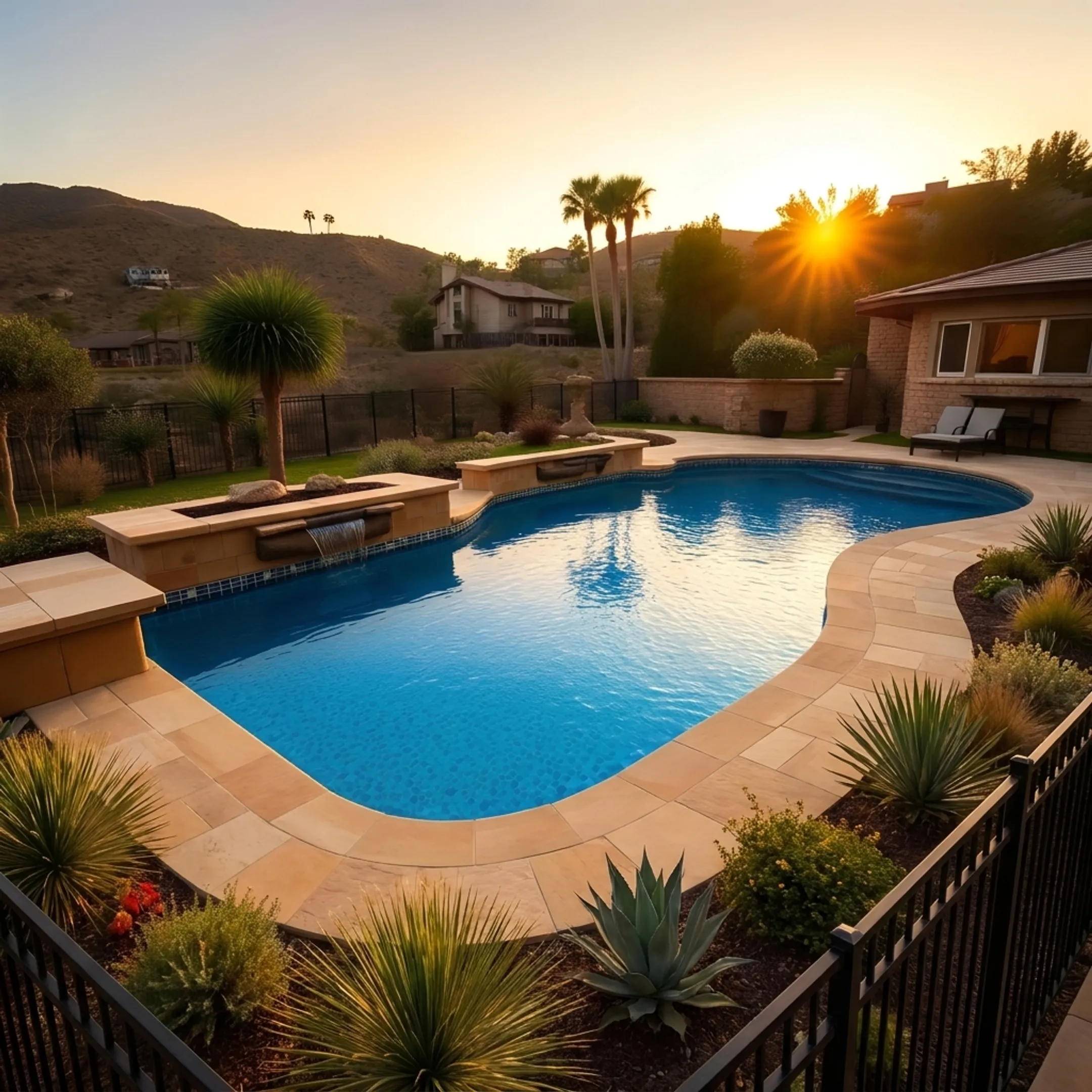 Architectural pool landscaping featuring custom hardscaping and lush garden beds
