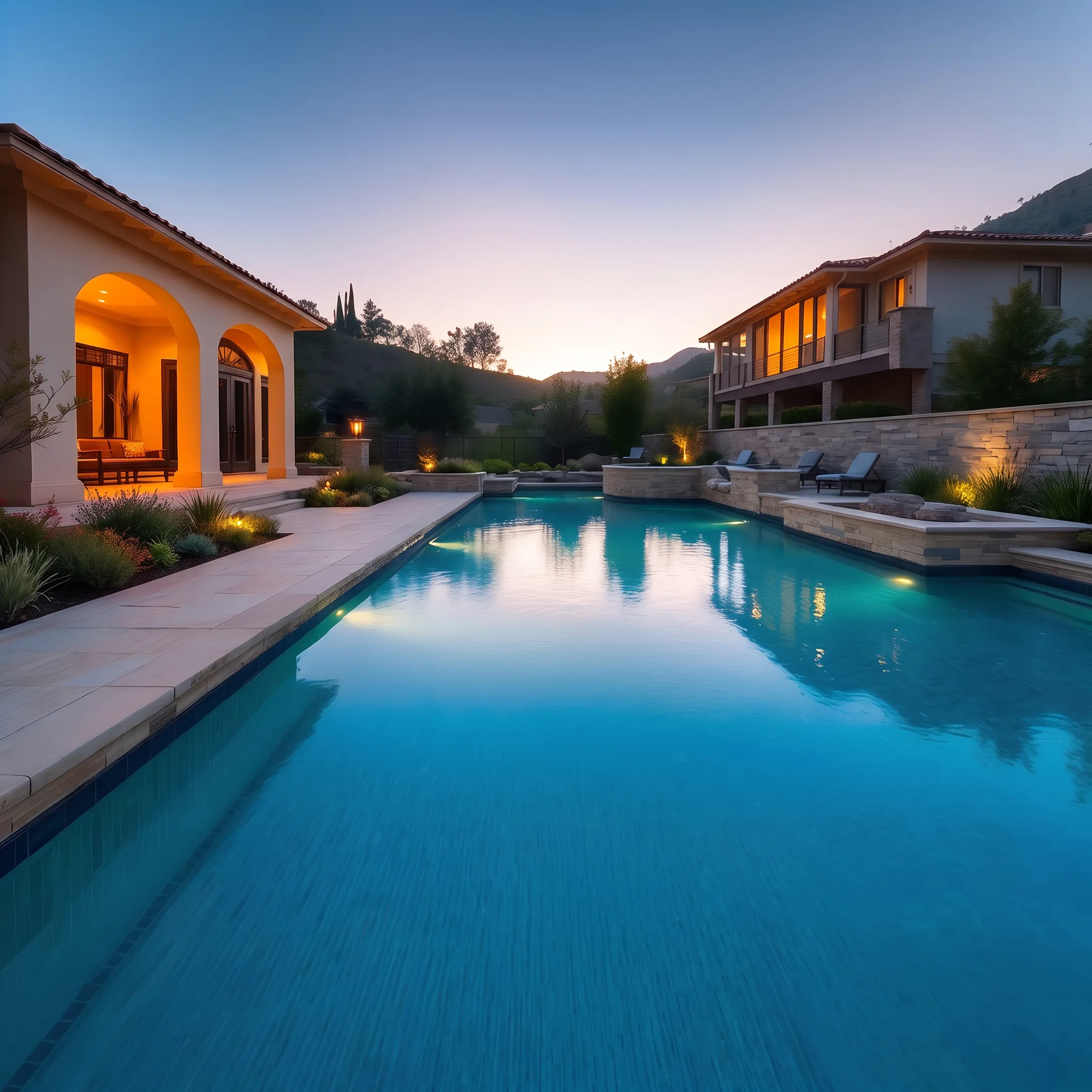 Custom swimming pool surrounded by modern stone patio and drought-tolerant landscaping