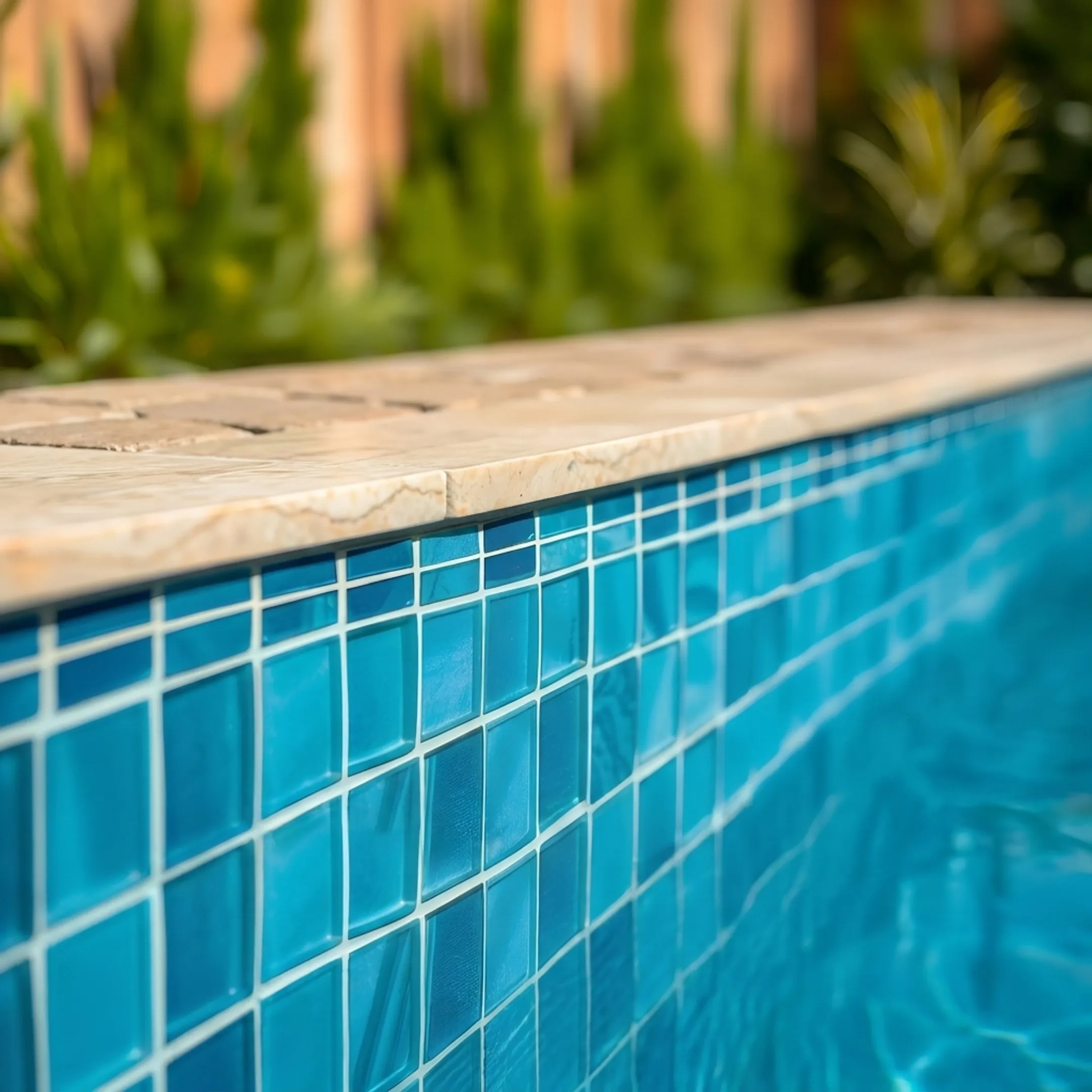 Renovated swimming pool surrounded by custom stone coping and integrated landscaping