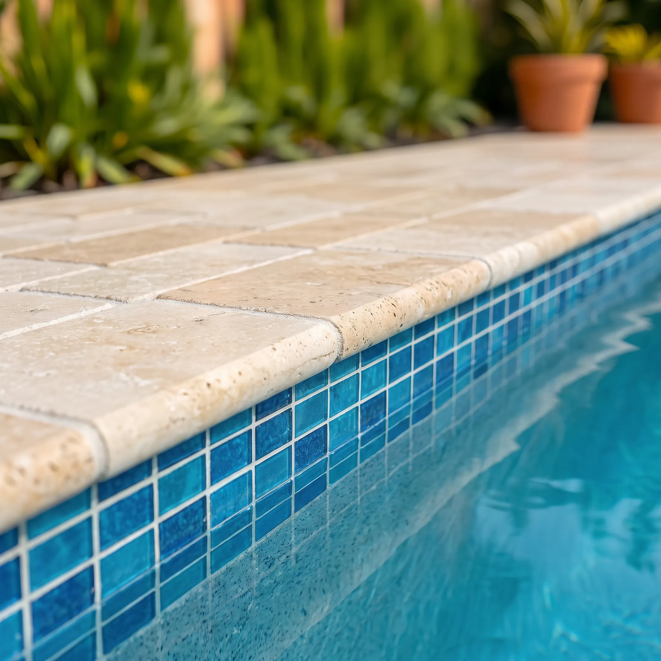 A newly remodeled gunite swimming pool with custom waterline tile and paver deck