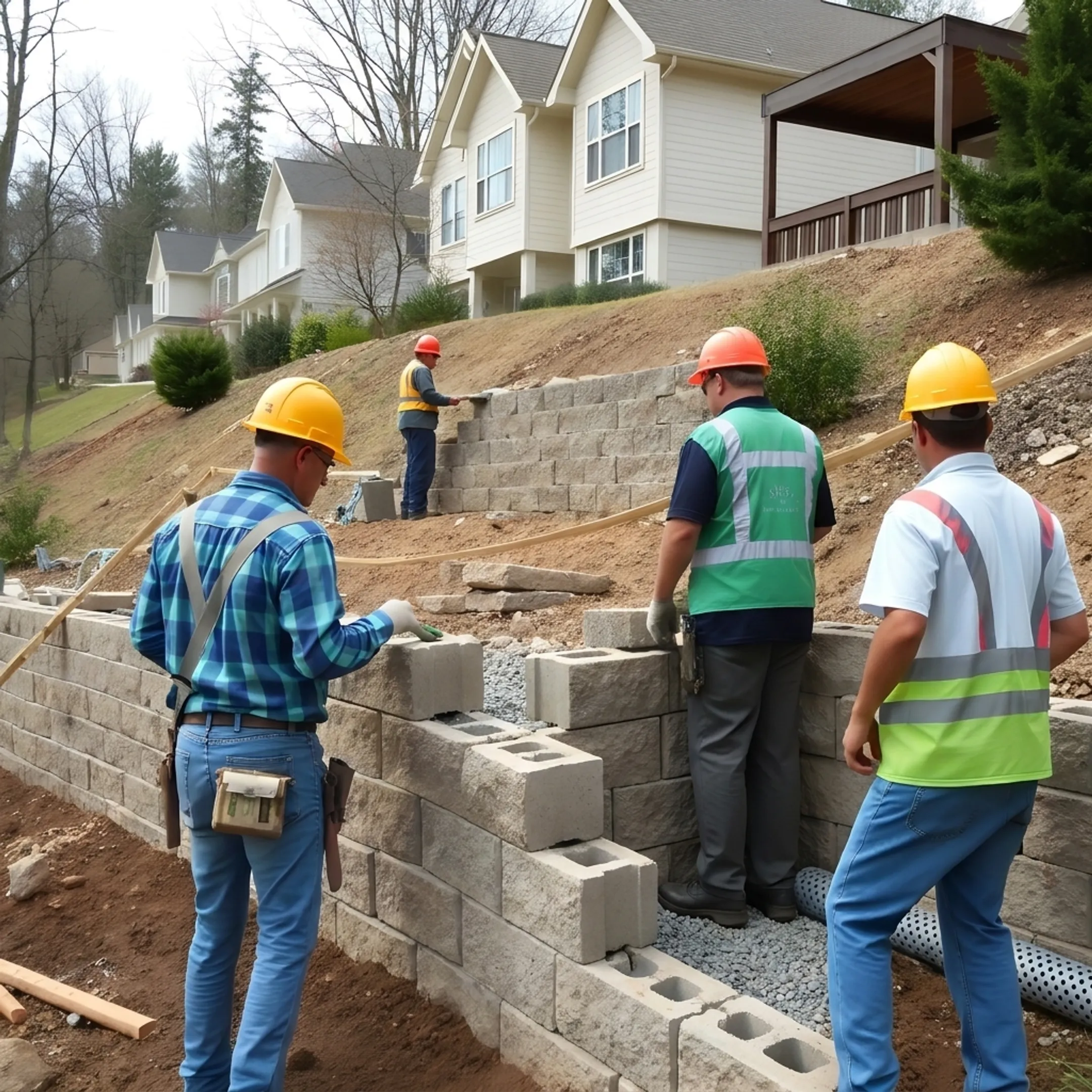 Construction crew installing retaining wall base and drainage system