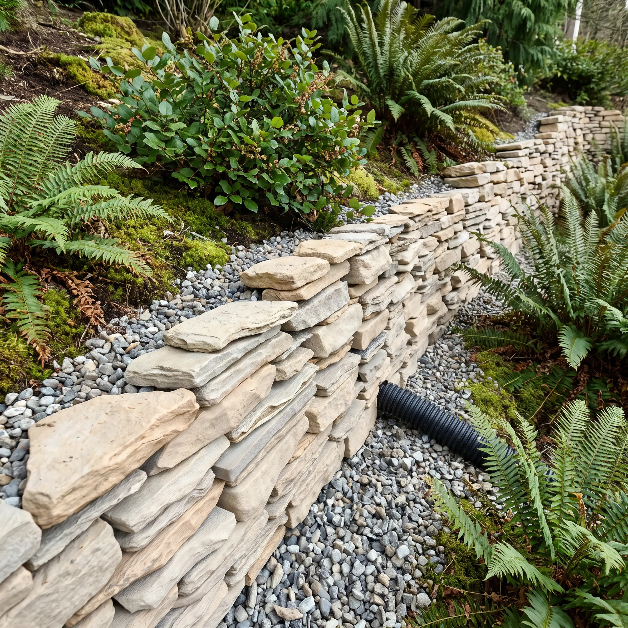 Engineered stone retaining wall installed on a residential slope in Olympia