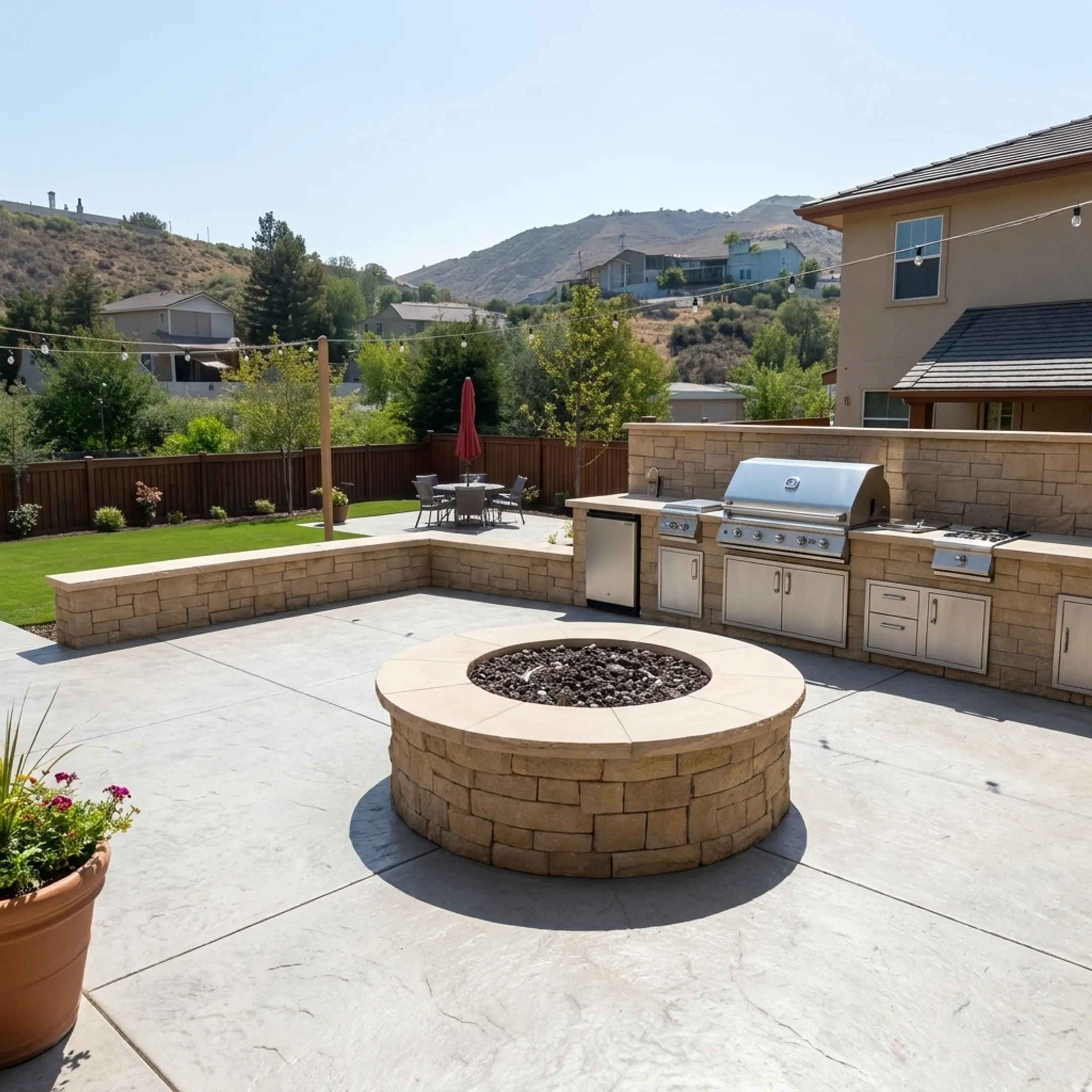 Custom stamped concrete terrace and built-in outdoor kitchen with stone veneer