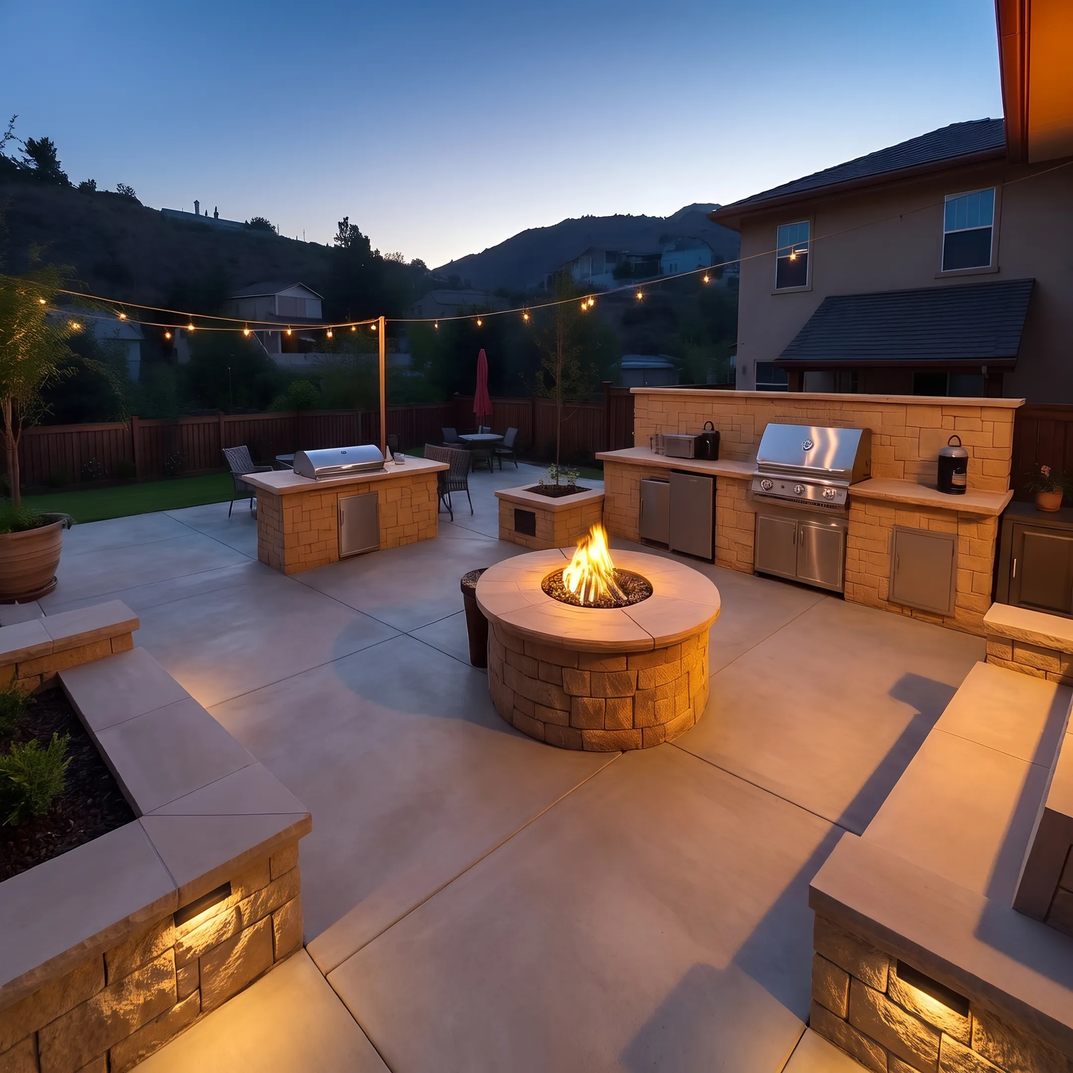 Architectural concrete patio and custom stone hardscape in an estate backyard setting