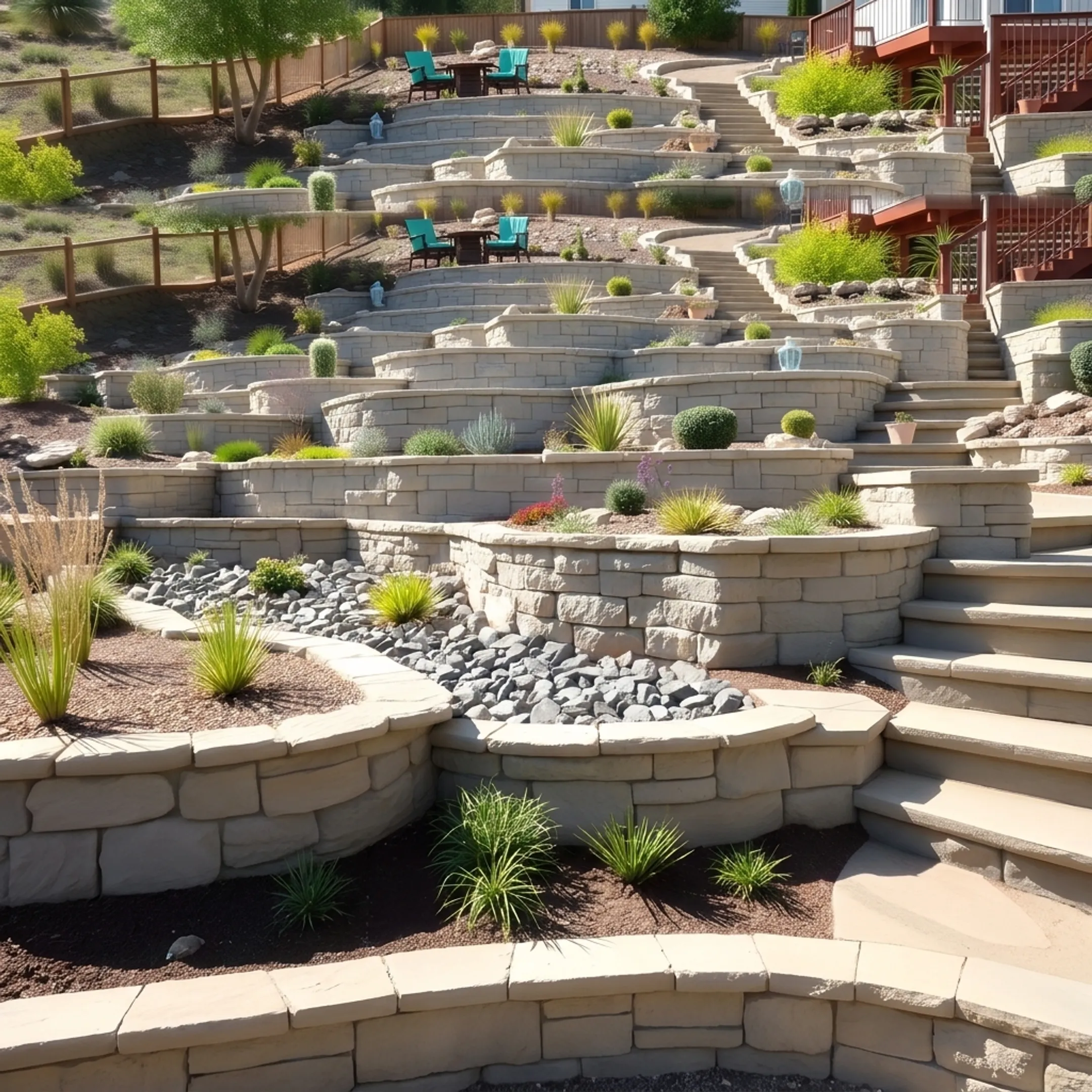 Modern retaining wall installation on a sloped residential property.