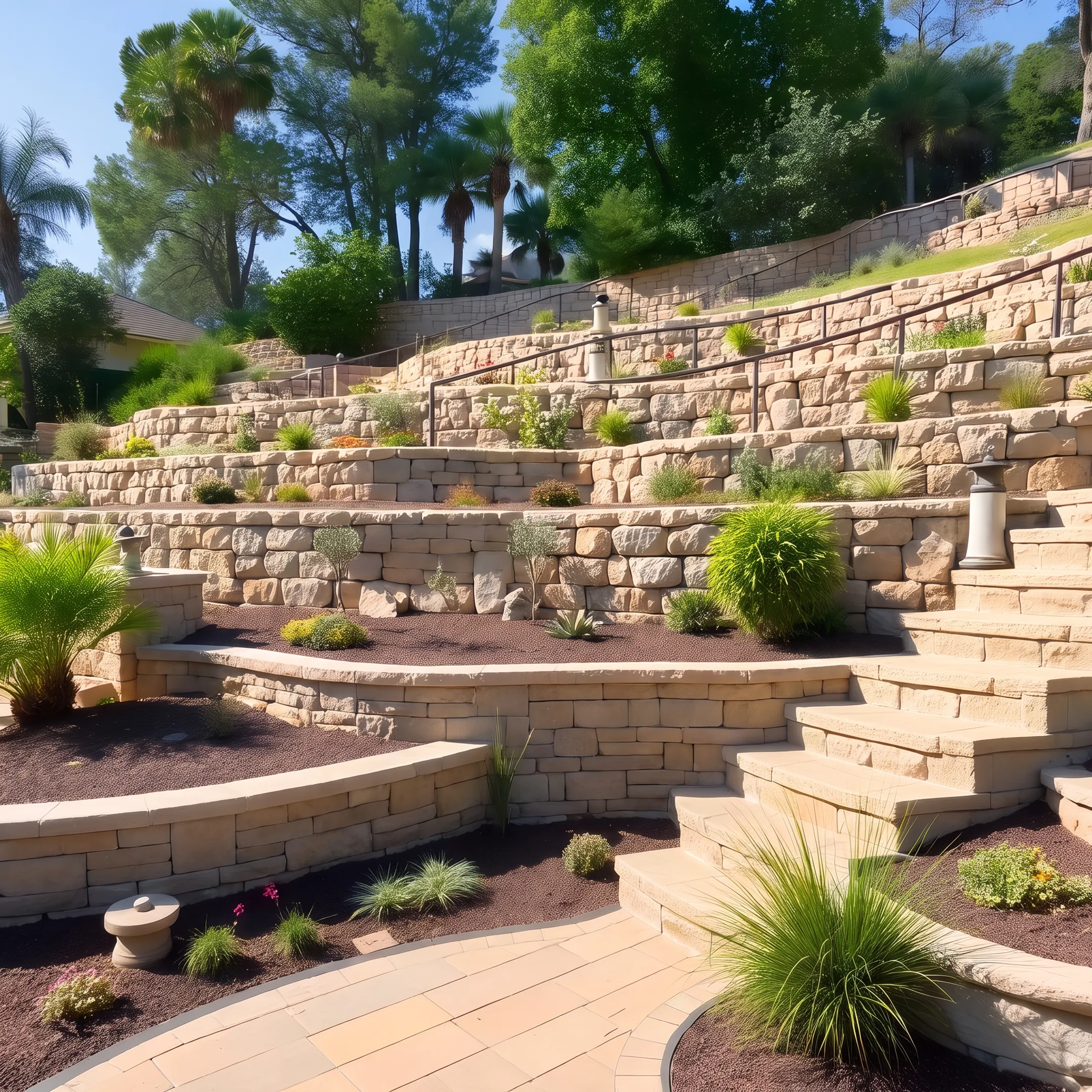 Engineered stone retaining wall constructed along a residential hillside slope.