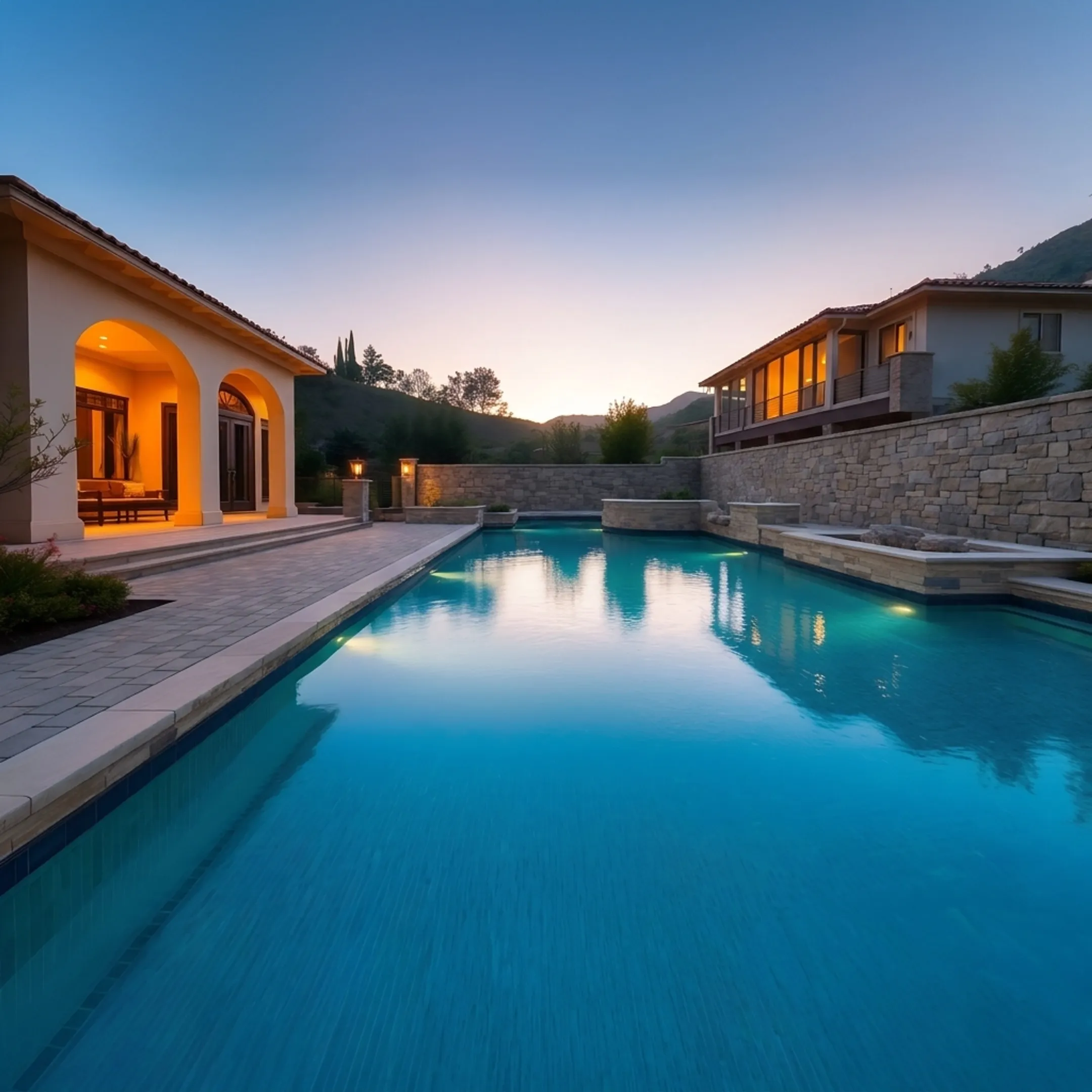 Architectural pool and patio installation with retaining walls and native landscaping on a residential property.