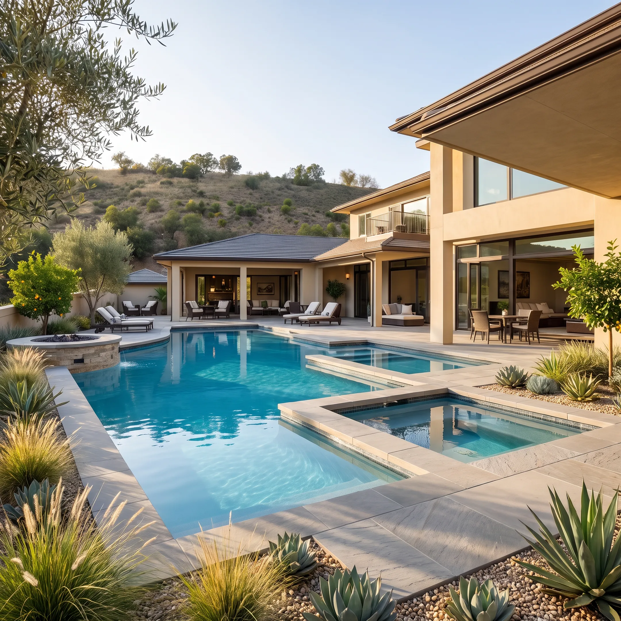 Custom gunite swimming pool integrated with stone hardscape and drought-tolerant landscaping in a residential backyard.