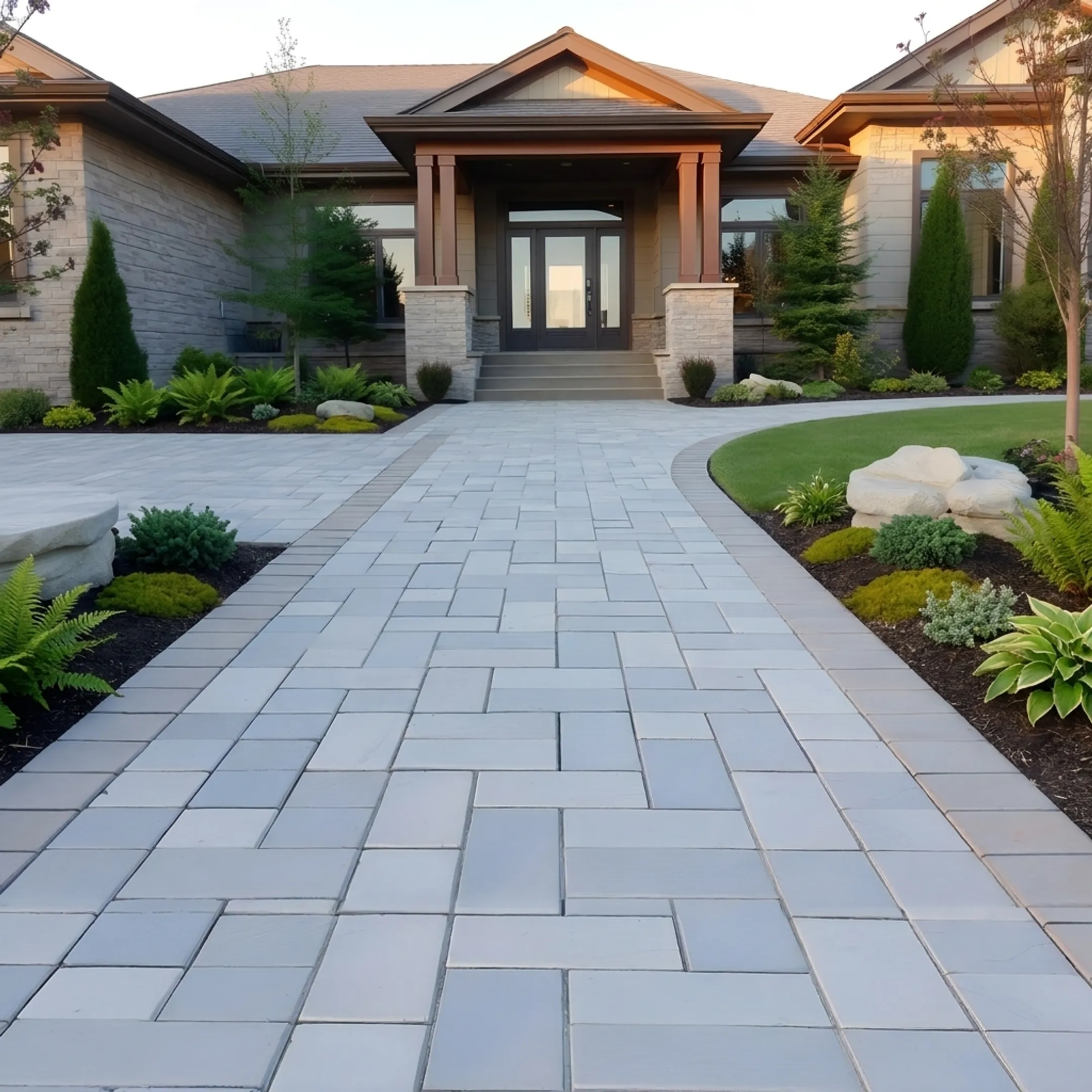 Detailed masonry and interlocking pavers installed in a residential garden setting